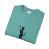 Black Cat Holding Flower T-Shirt | Minimal Cat Silhouette Tee
