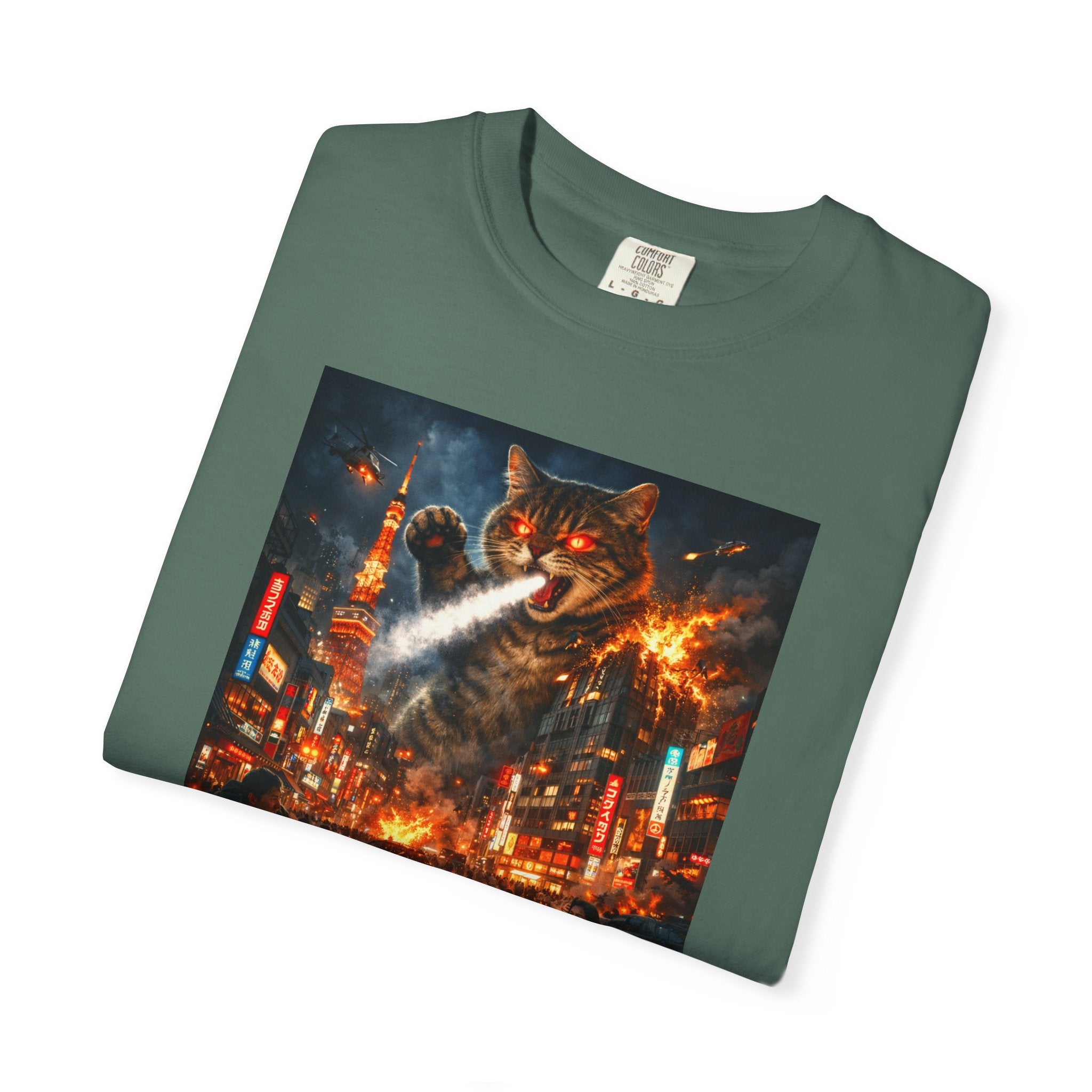 Giant Catzilla Kaiju Rampage T-Shirt | Neon City Monster Battle