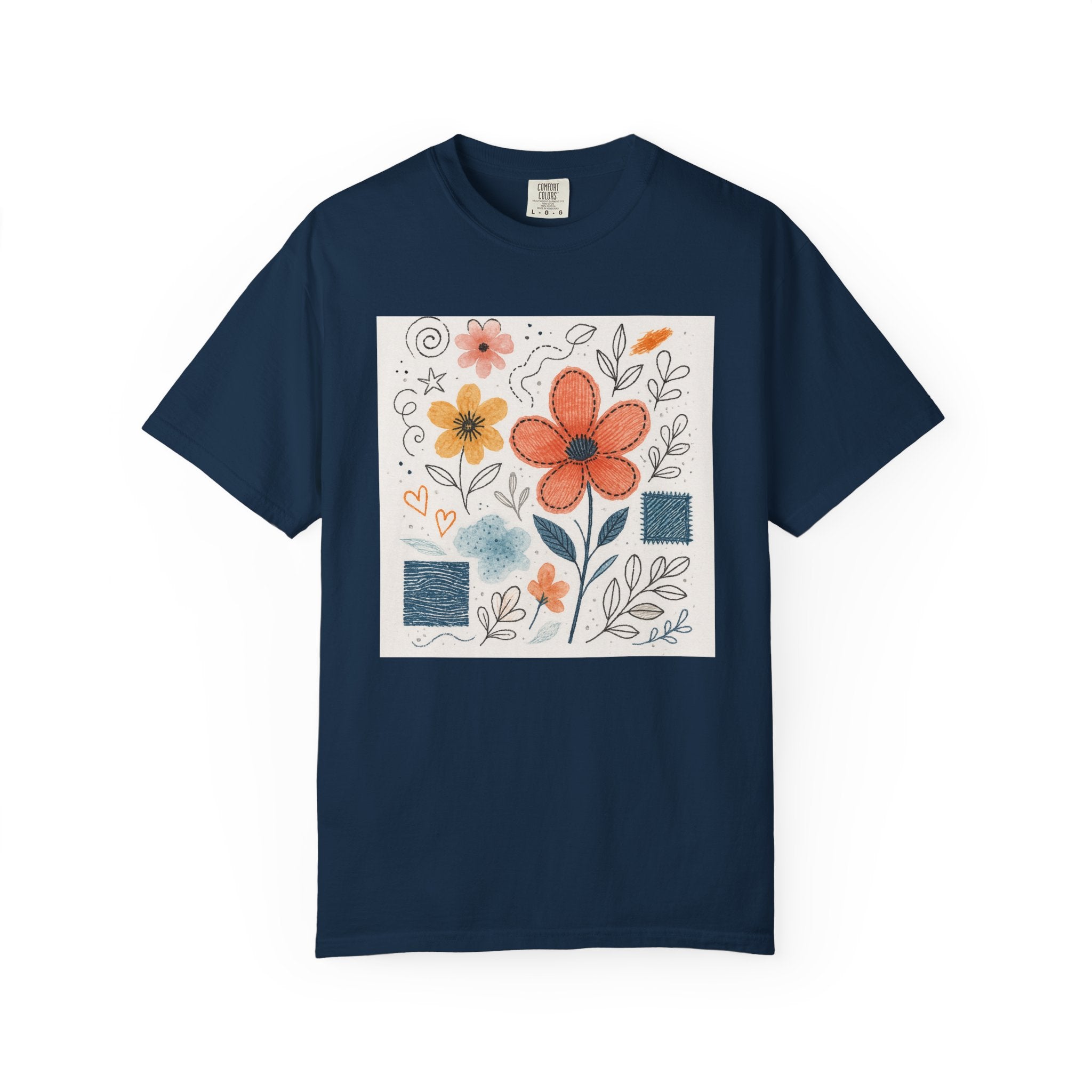 Hand-drawn Watercolor Floral Doodles T-shirt | Linocut & Embroidery Texture