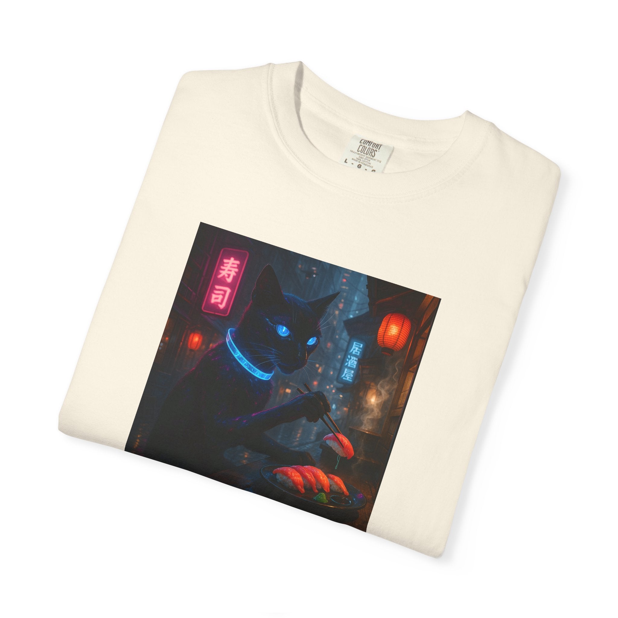 Neon Cyber Cat Sushi Shibuya T-shirt | Dark Alley Japanese Streetwear