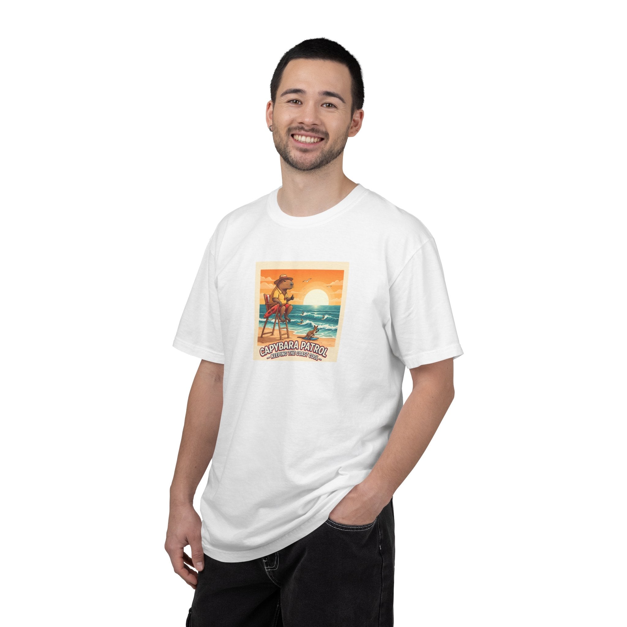 Capybara Patrol Sunset Surfing Capybara T-Shirt | Retro Beach Vibes