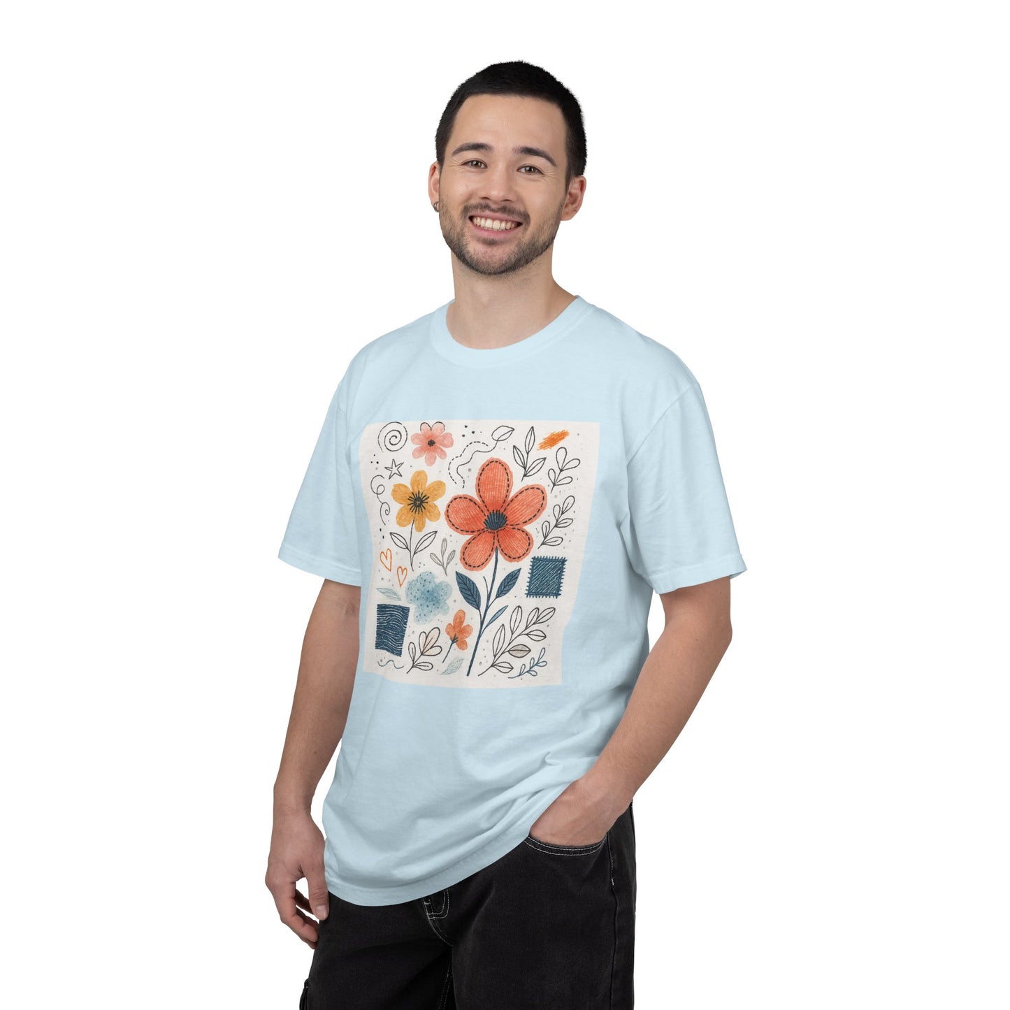 Hand-drawn Watercolor Floral Doodles T-shirt | Linocut & Embroidery Texture