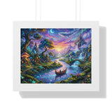 Celestial River Journey Digital Art Print - Whimsical Fantasy Landscape with Floating Castle, Glowing Forest