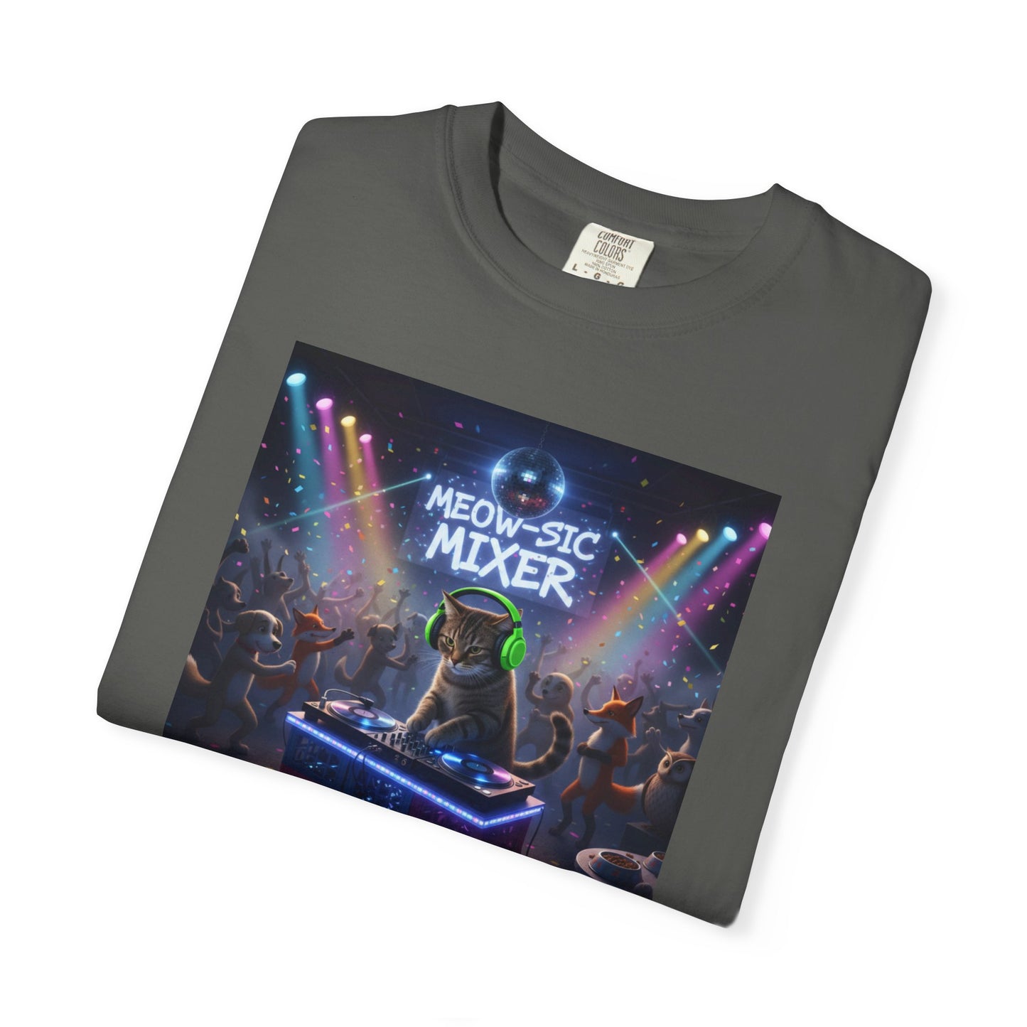 Melodic Mixer DJ Cat T-shirt | Neon Retro Music Party