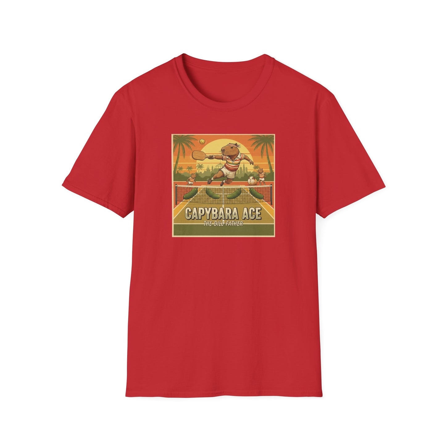 Capybara Ace Pickleball Player T-Shirt | Retro Tropical Court Design