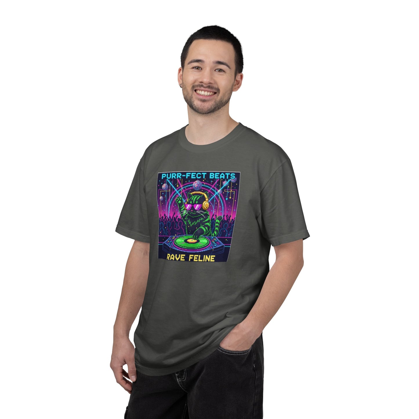 Purr-fect Beats Rave Feline DJ cat T-shirt | Neon EDM club design