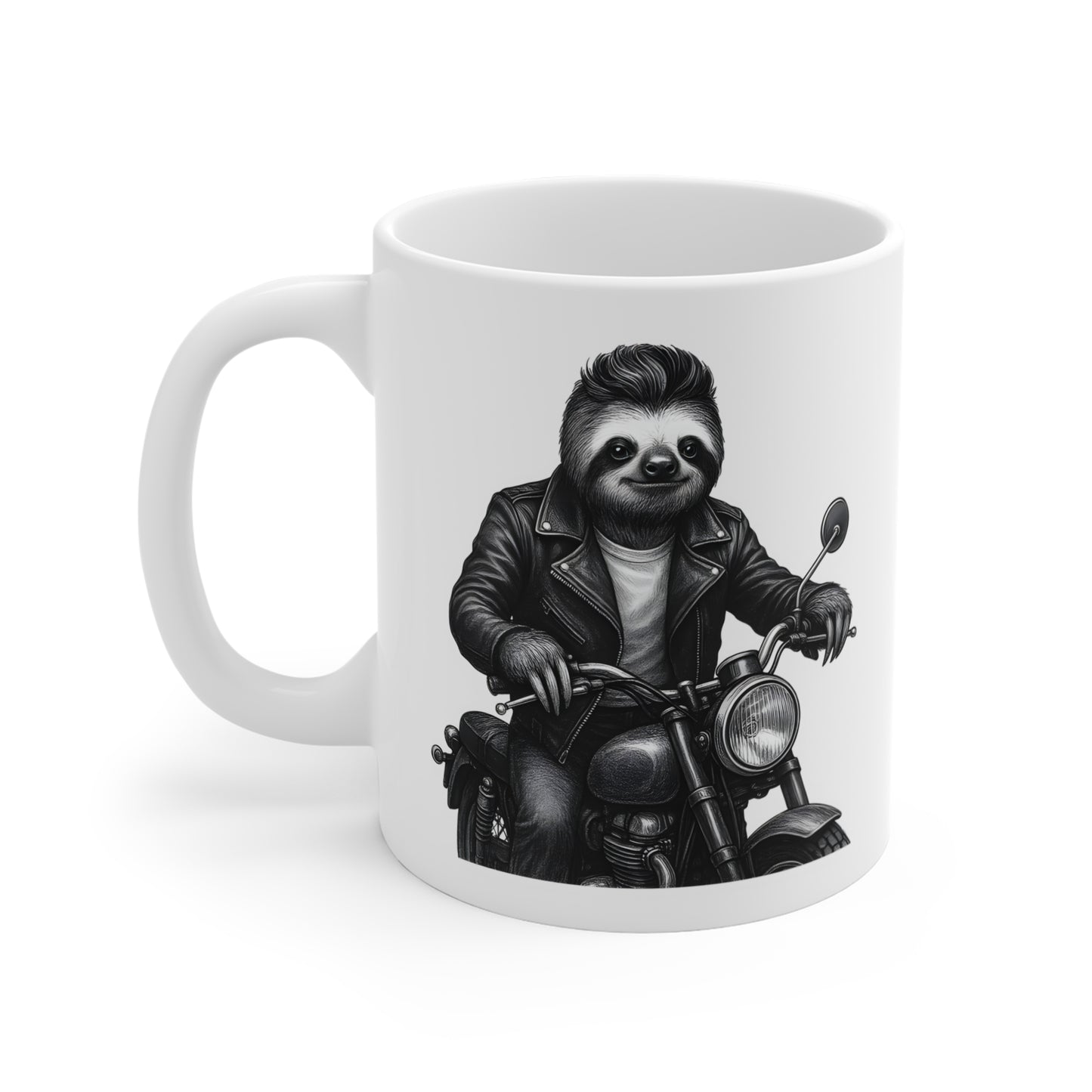 Biker Sloth Mug | Motorcycle Rider Illustration, Funny Animal Coffee Cup