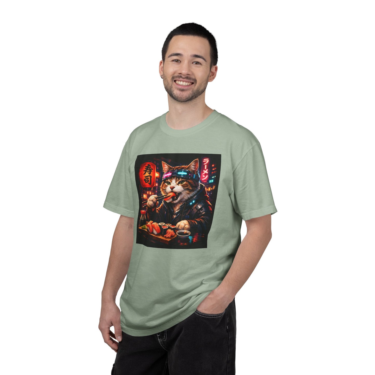 Sushi-Eating Cat T-Shirt | Neon Japanese Street Food Art