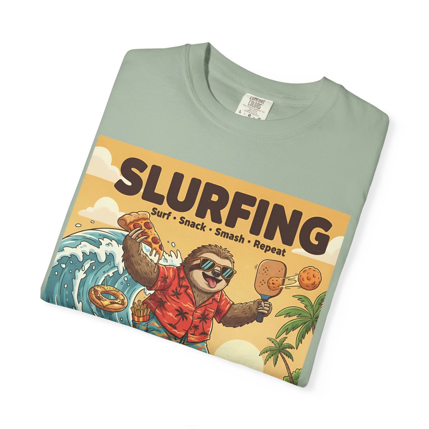 Slurfing Surfing Sloth T-Shirt | Retro Beach Wave Illustration