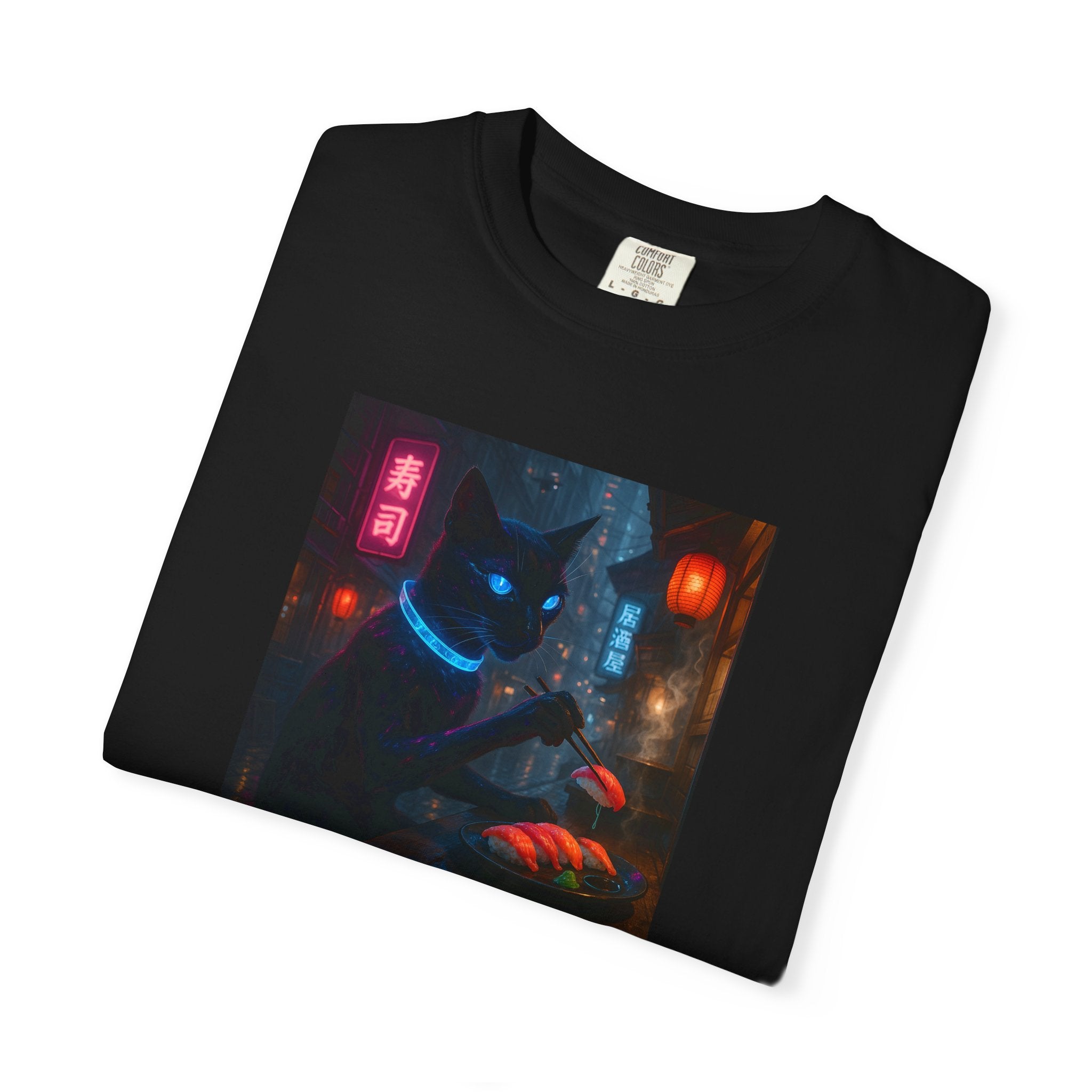 Neon Cyber Cat Sushi Shibuya T-shirt | Dark Alley Japanese Streetwear