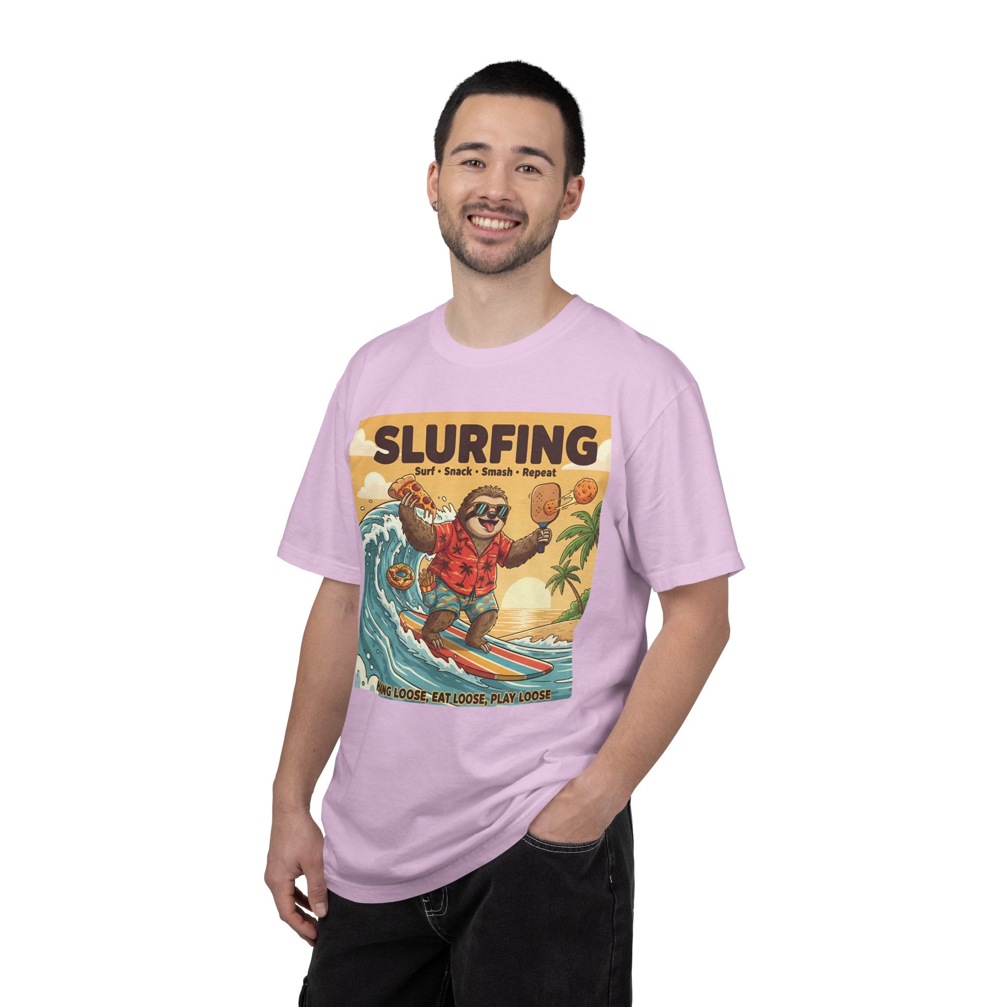 Slurfing Surfing Sloth T-Shirt | Retro Beach Wave Illustration