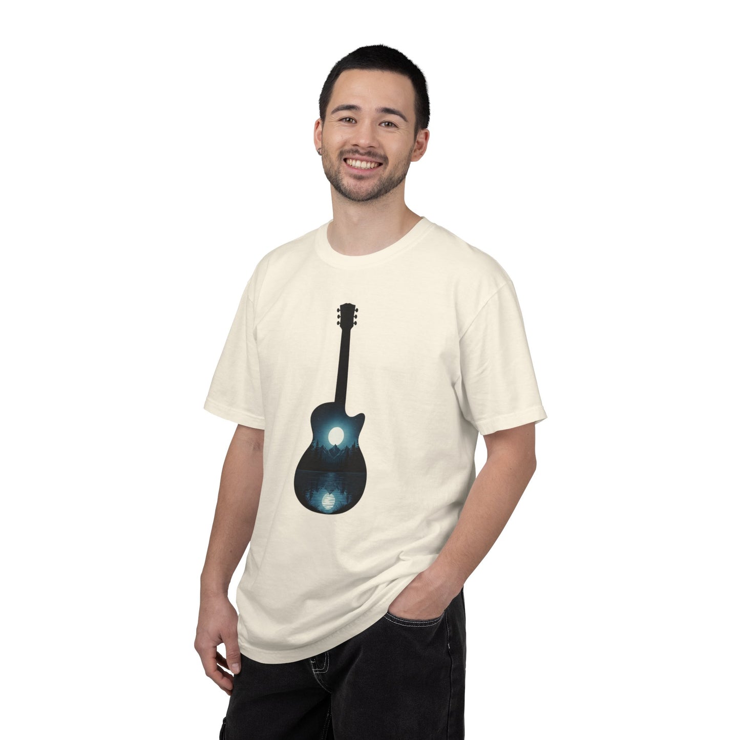 Moonlit Acoustic Guitar T-Shirt | Night Sky Guitar Silhouette