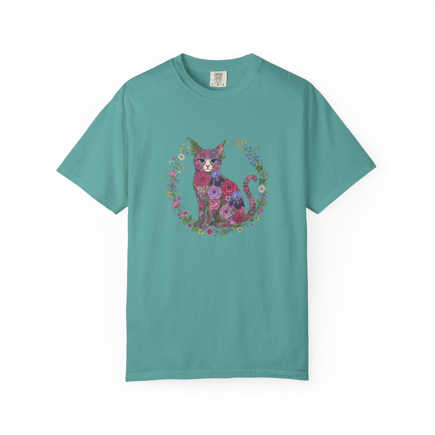 Floral Cat Illustration T-shirt | Botanical Kitty Circle Print