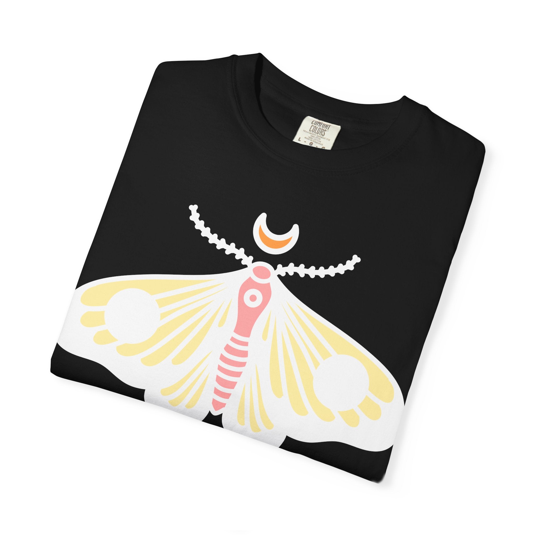 Celestial Moth T-shirt | Pink Yellow Moth with Crescent Moon