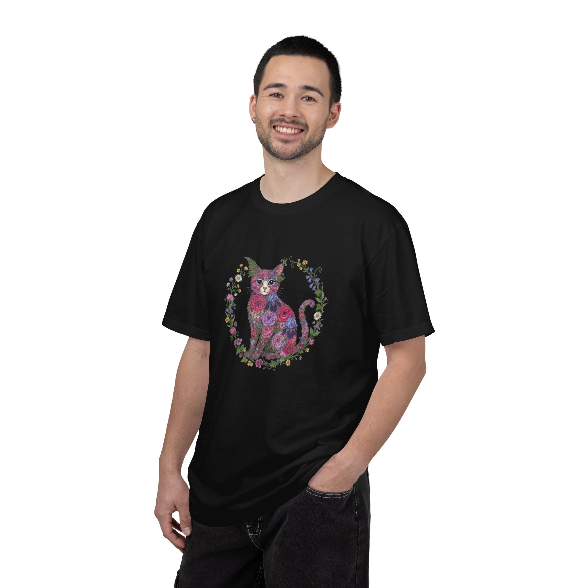 Floral Cat Illustration T-shirt | Botanical Kitty Circle Print