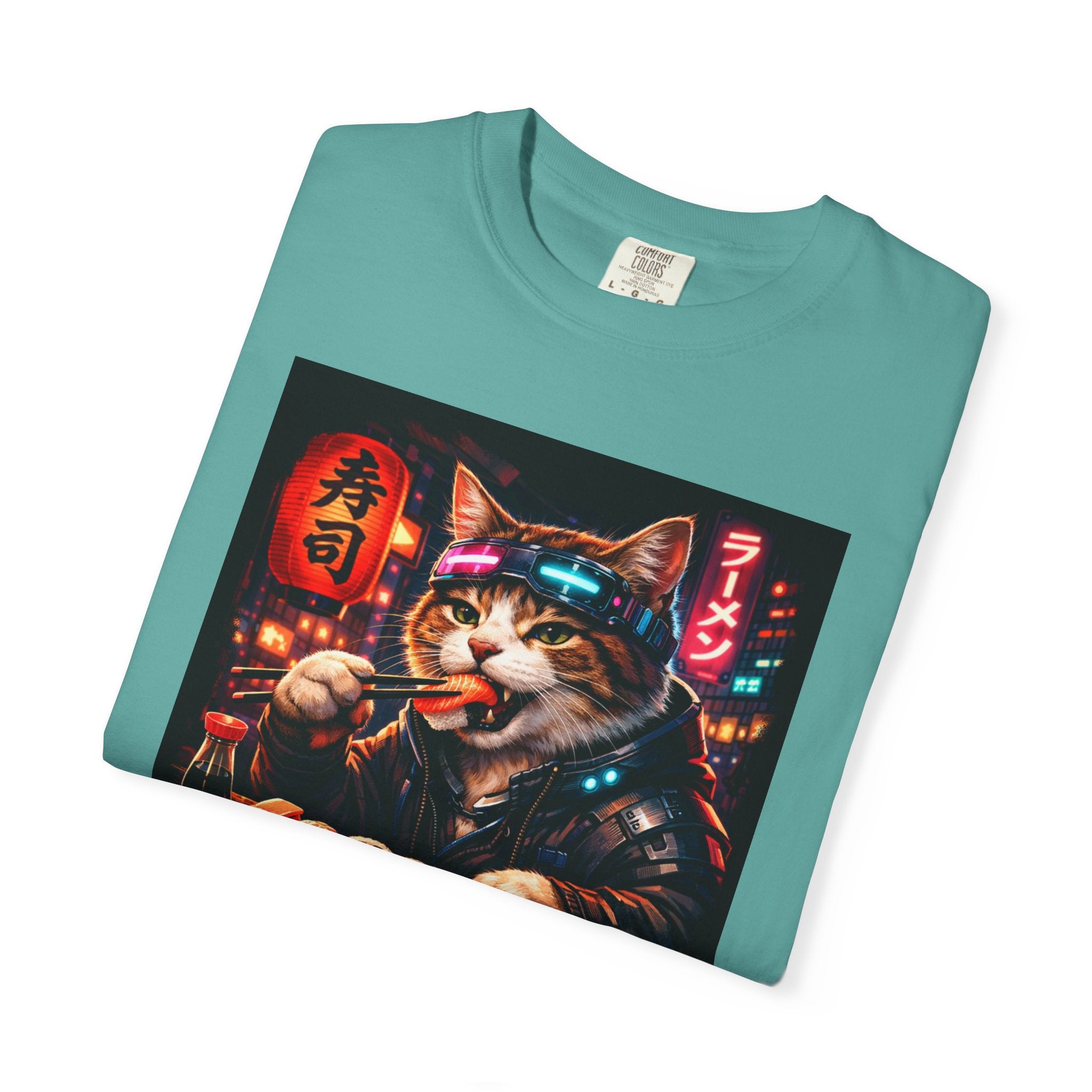 Sushi-Eating Cat T-Shirt | Neon Japanese Street Food Art