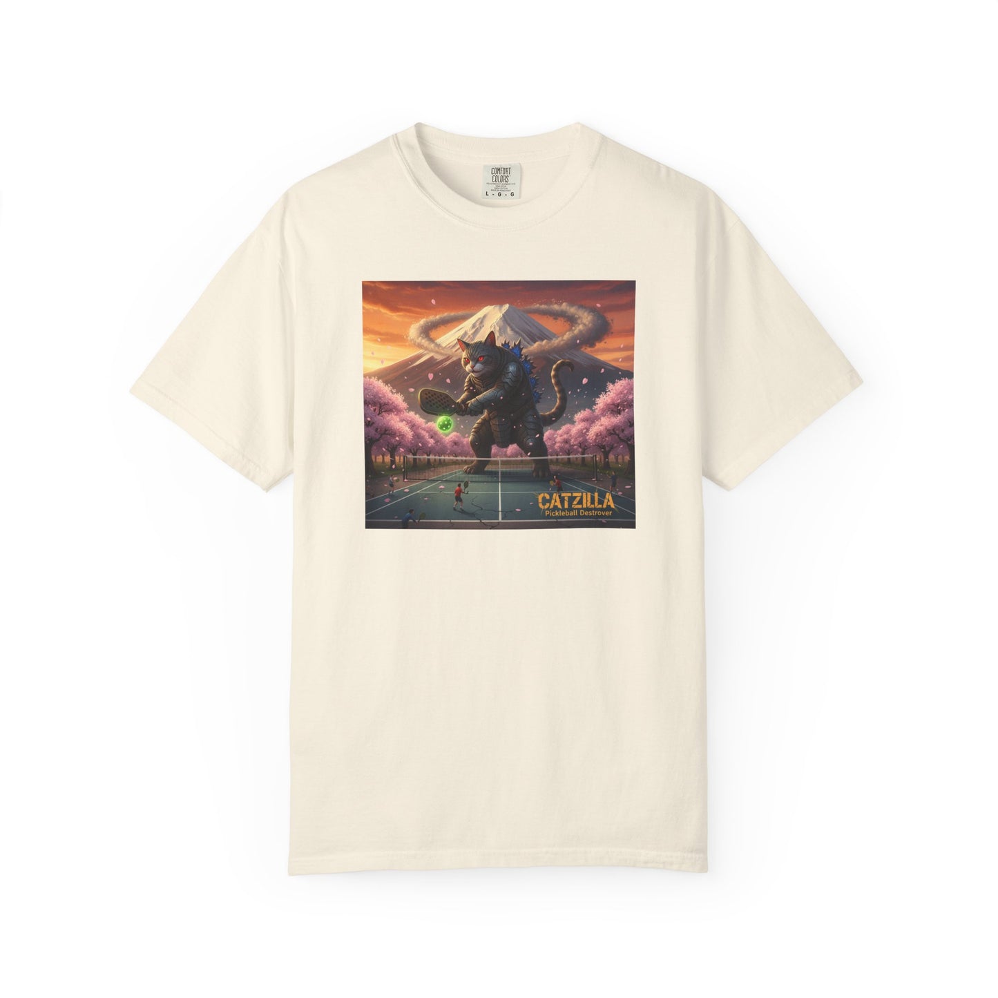 Catzilla Pickleball Destroyer T-shirt | Kaiju Cat Samurai, Mount Fuji Cherry Blossoms