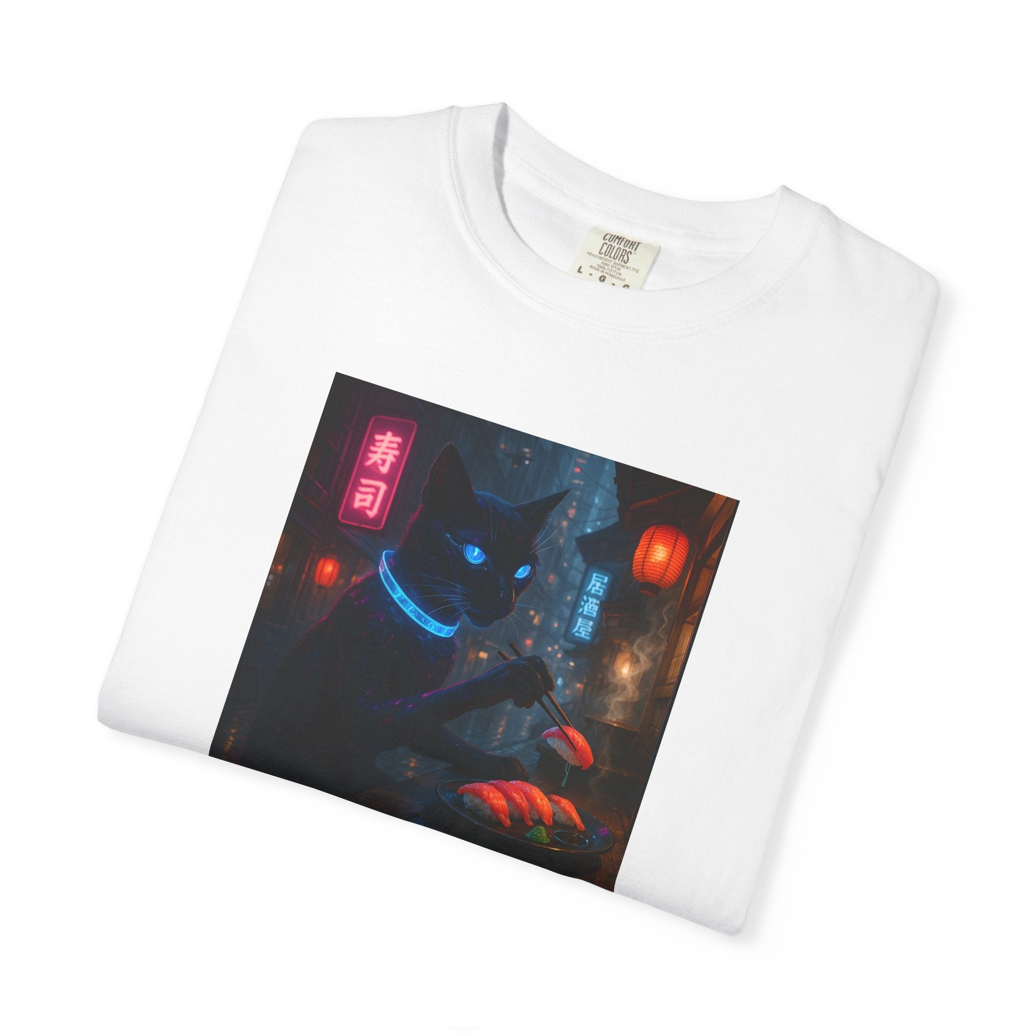 Neon Cyber Cat Sushi Shibuya T-shirt | Dark Alley Japanese Streetwear
