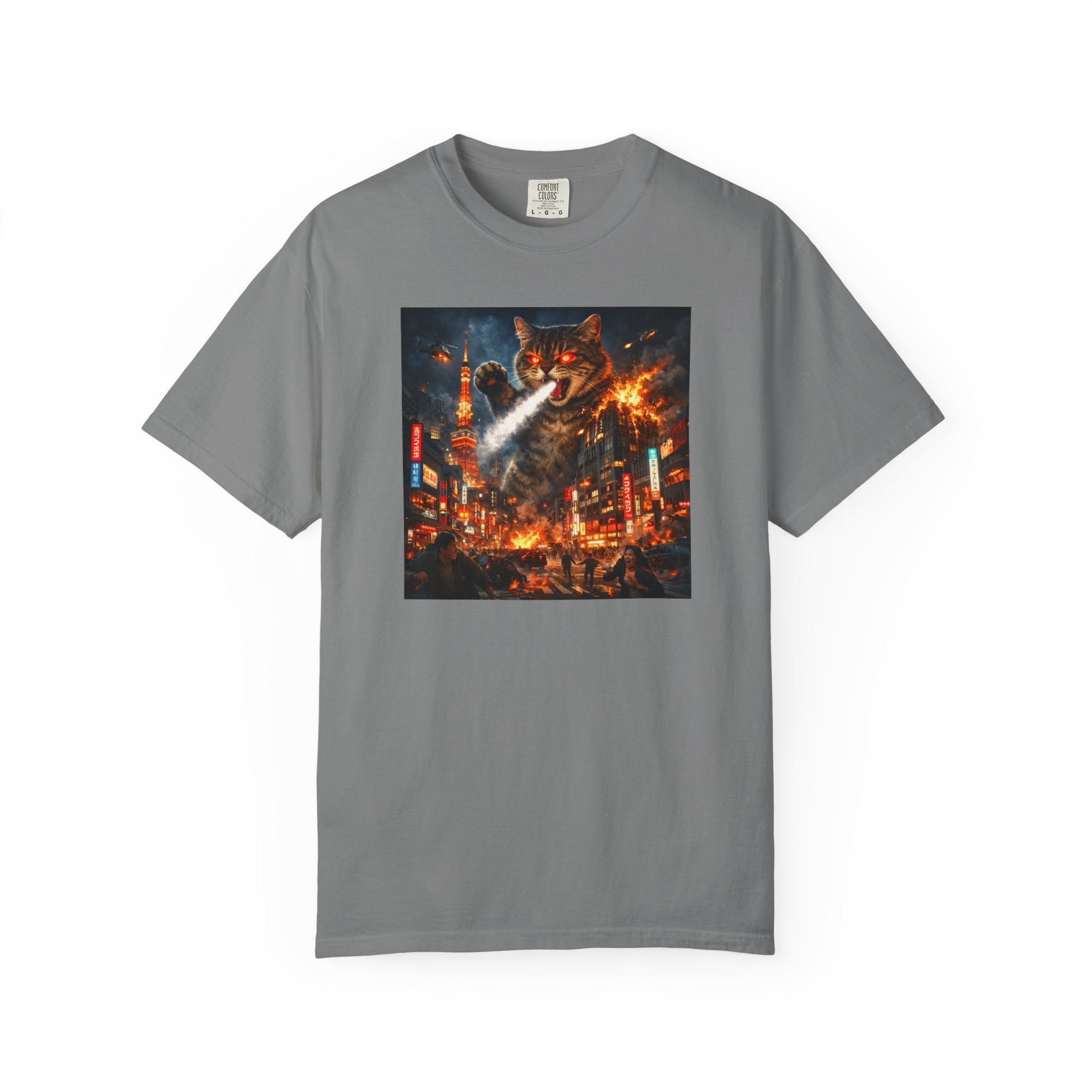 Giant Catzilla Kaiju Rampage T-Shirt | Neon City Monster Battle
