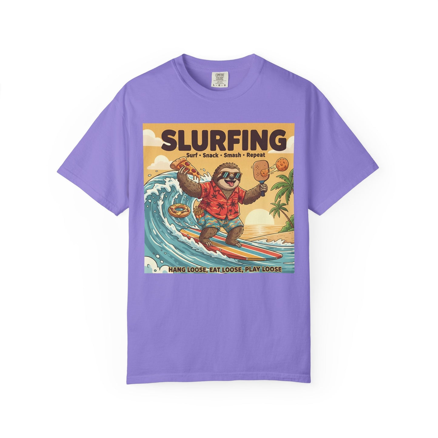 Slurfing Surfing Sloth T-Shirt | Retro Beach Wave Illustration