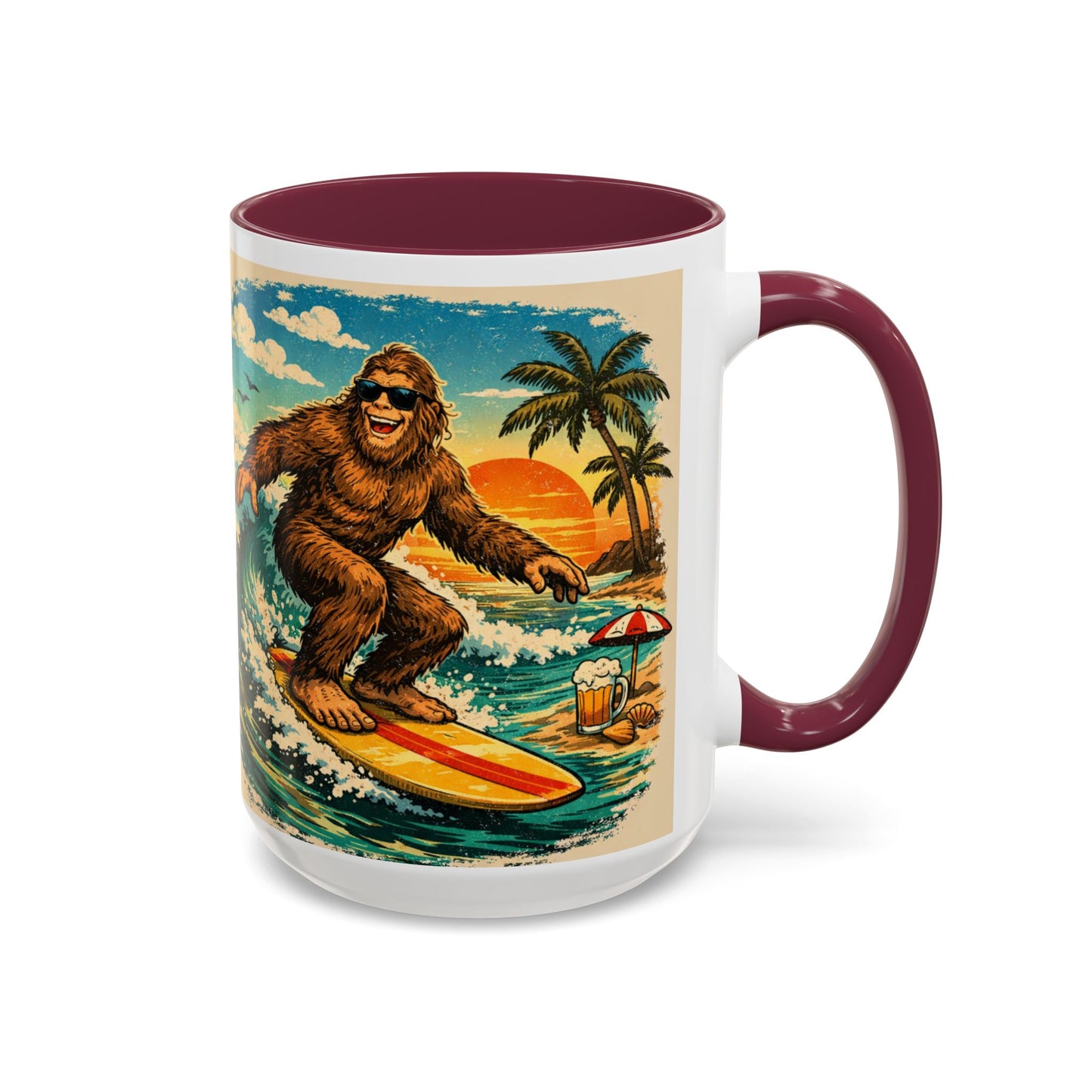 Surfing Bigfoot Mug | Retro Beach Sunset Bigfoot Wave Coffee Cup