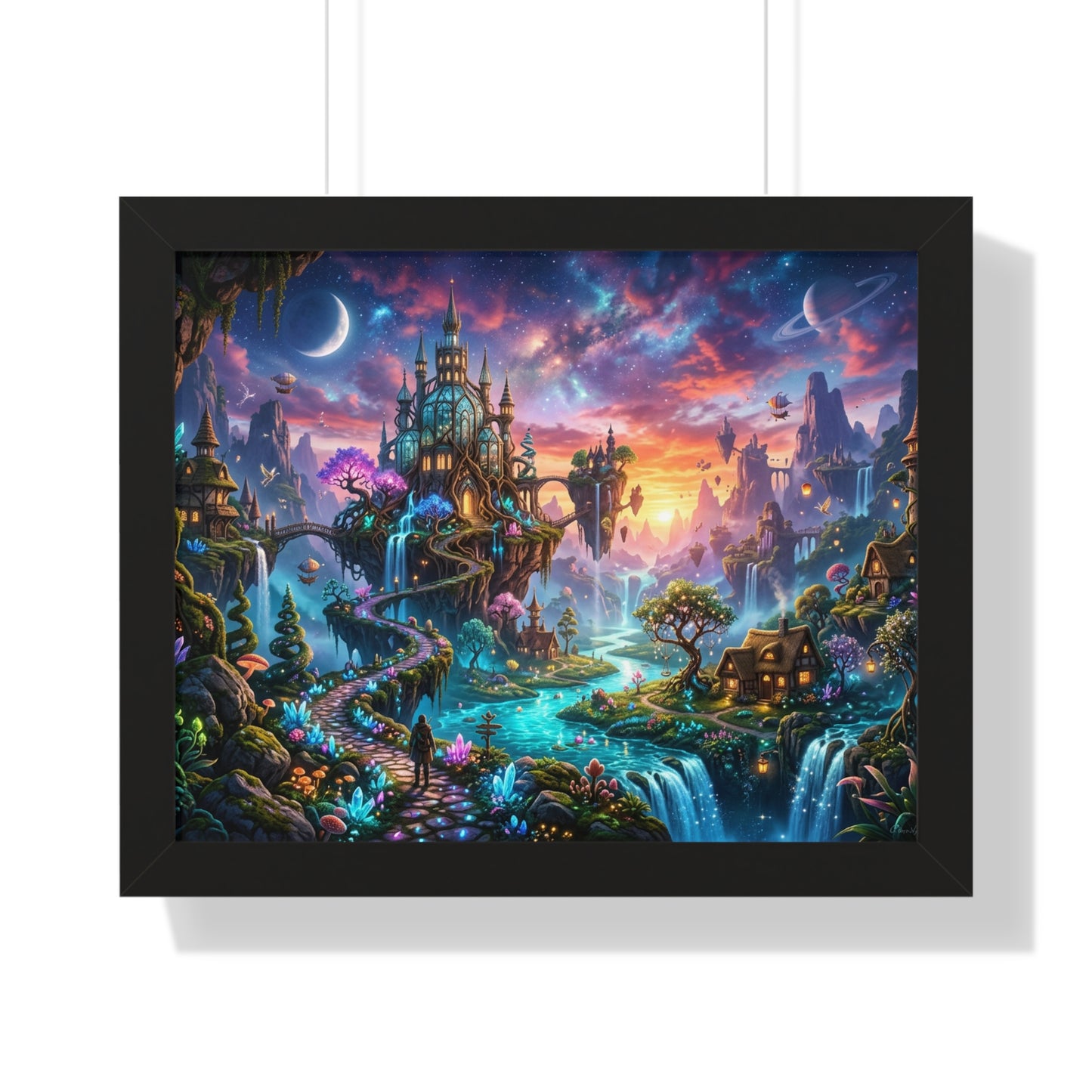 Ethereal Celestial Castle Fantasy Art Print | Dreamy Whimsical Landscape Poster | Vibrant Magical Realm Wall Decor