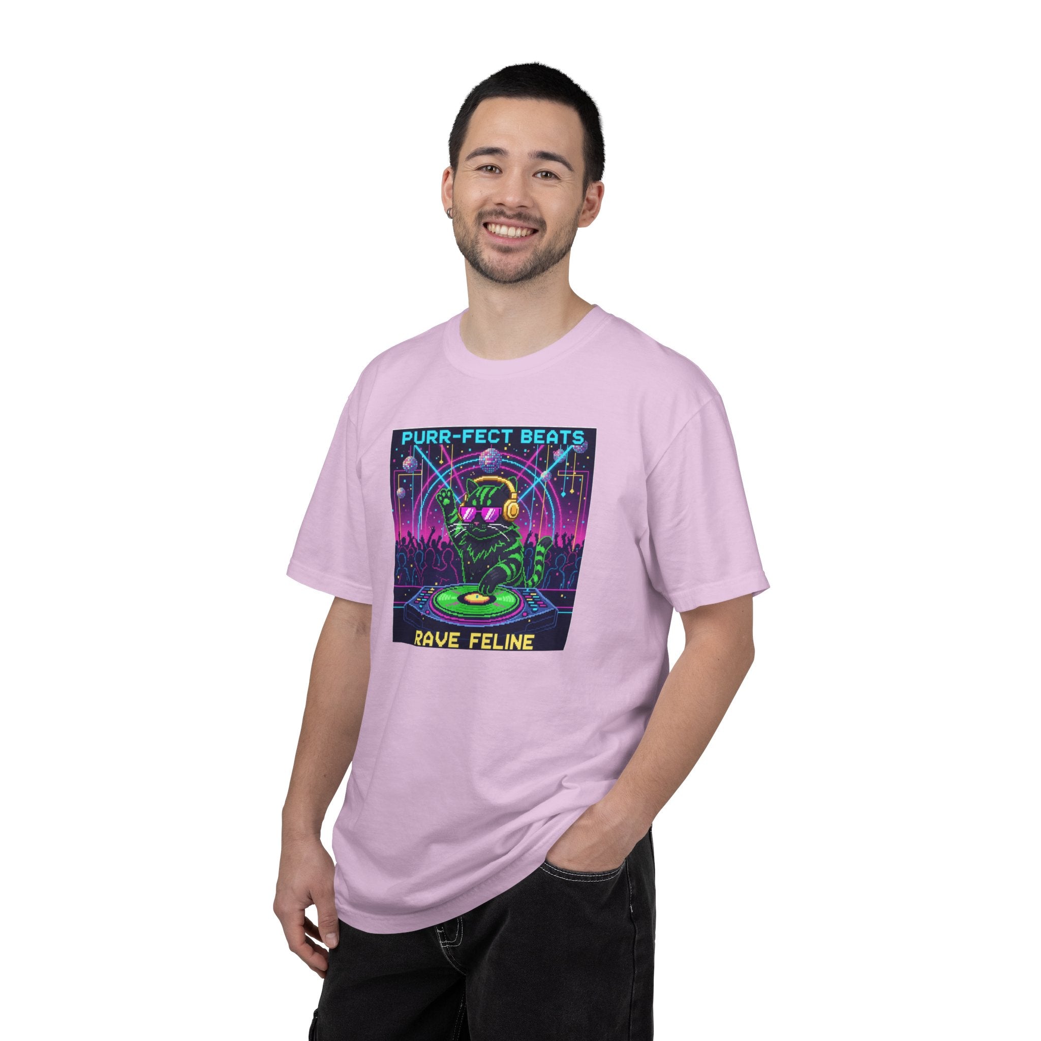 Purr-fect Beats Rave Feline DJ cat T-shirt | Neon EDM club design