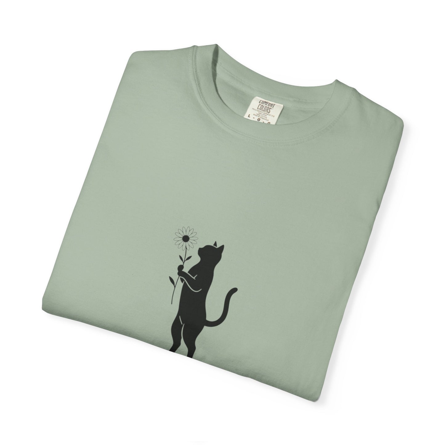 Black Cat Holding Flower T-Shirt | Minimal Cat Silhouette Tee