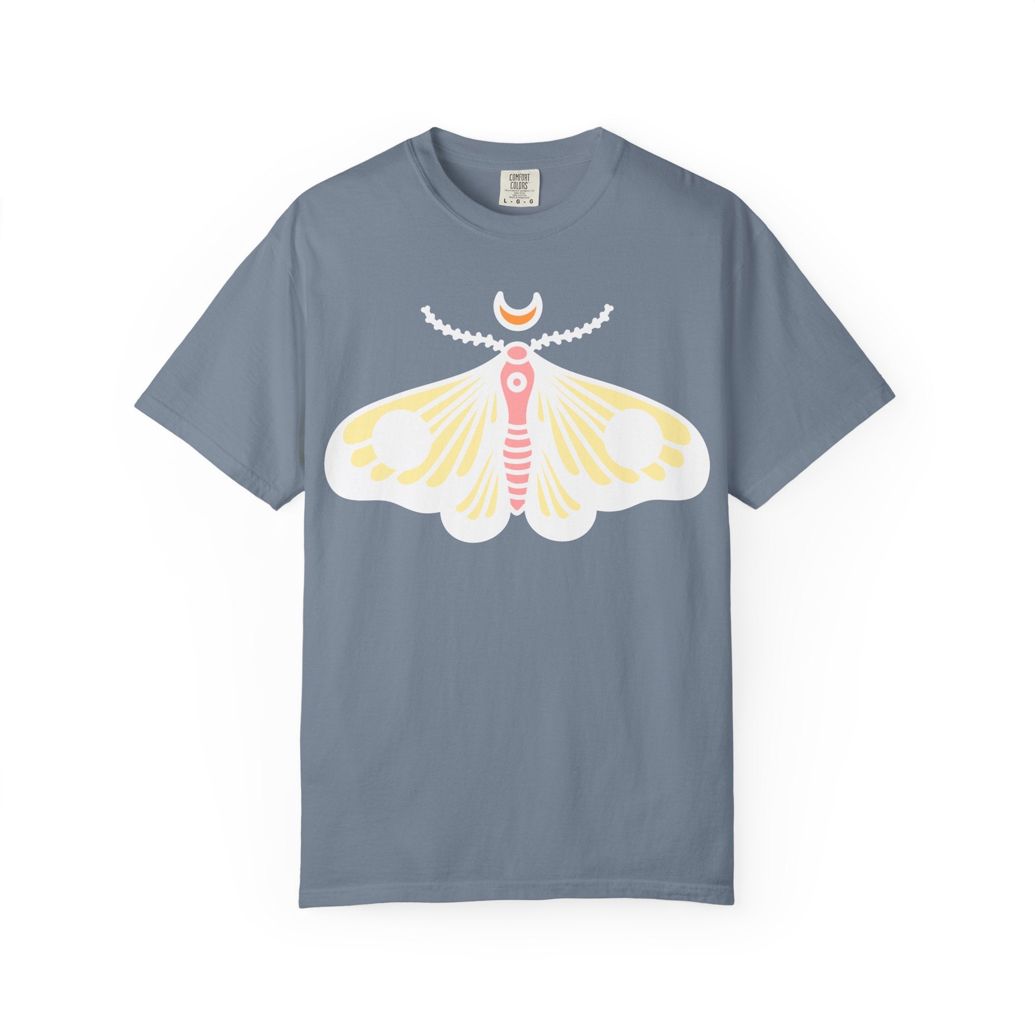Celestial Moth T-shirt | Pink Yellow Moth with Crescent Moon