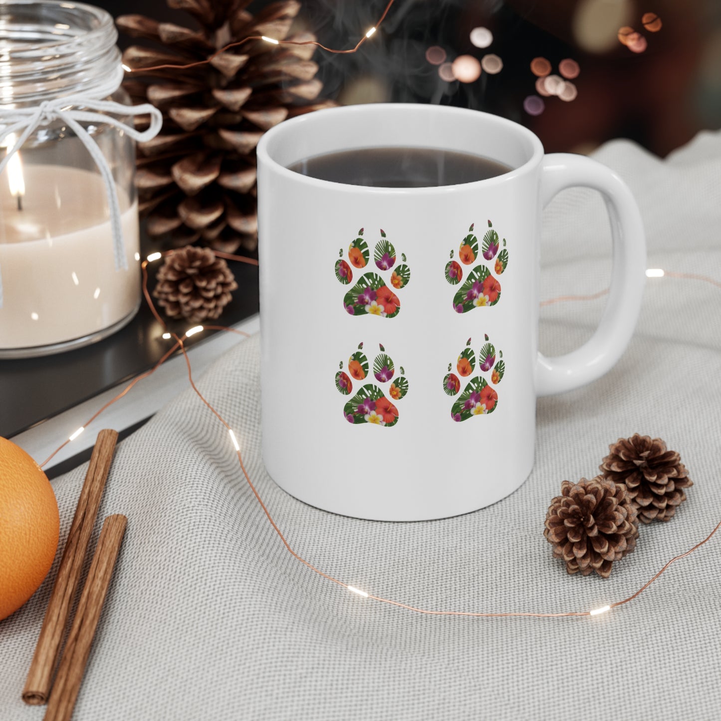 Floral Paw Print Mug | 11oz Ceramic Pawprints, Colorful Pet Lover Coffee Cup