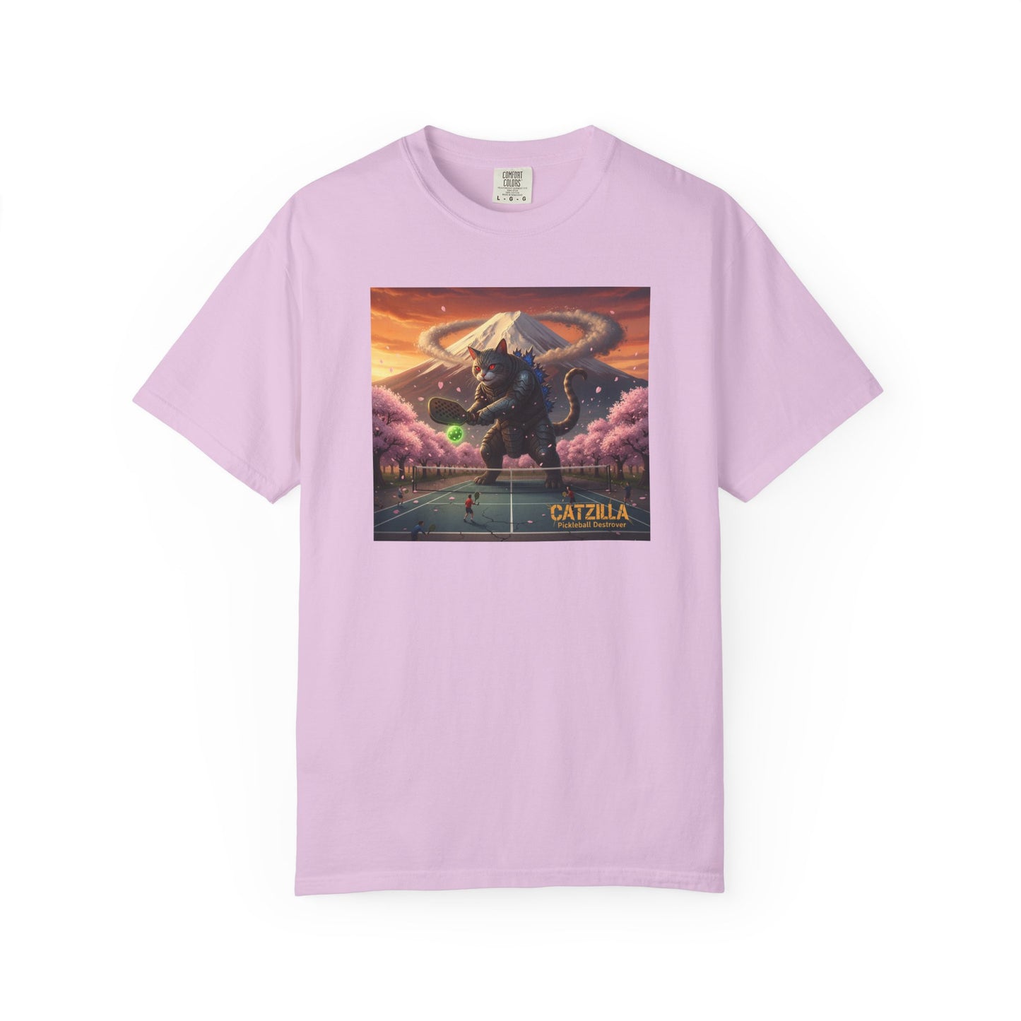 Catzilla Pickleball Destroyer T-shirt | Kaiju Cat Samurai, Mount Fuji Cherry Blossoms