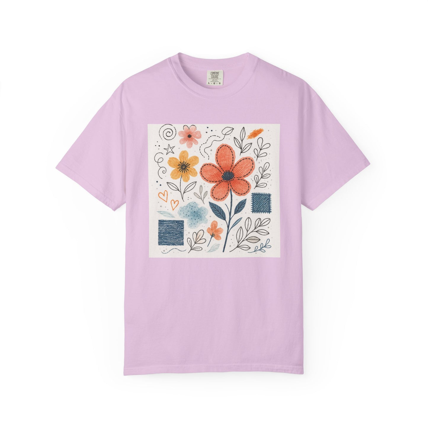 Hand-drawn Watercolor Floral Doodles T-shirt | Linocut & Embroidery Texture