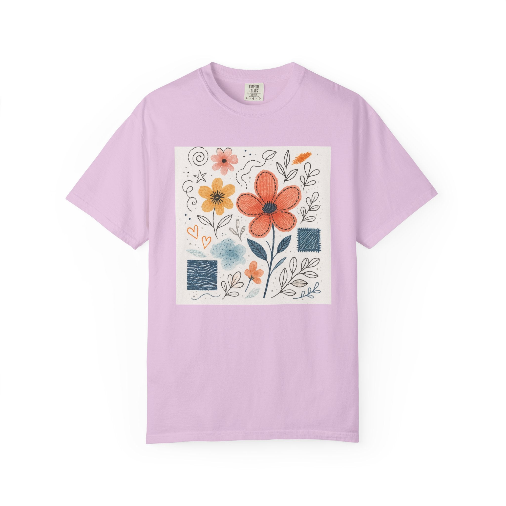 Hand-drawn Watercolor Floral Doodles T-shirt | Linocut & Embroidery Texture