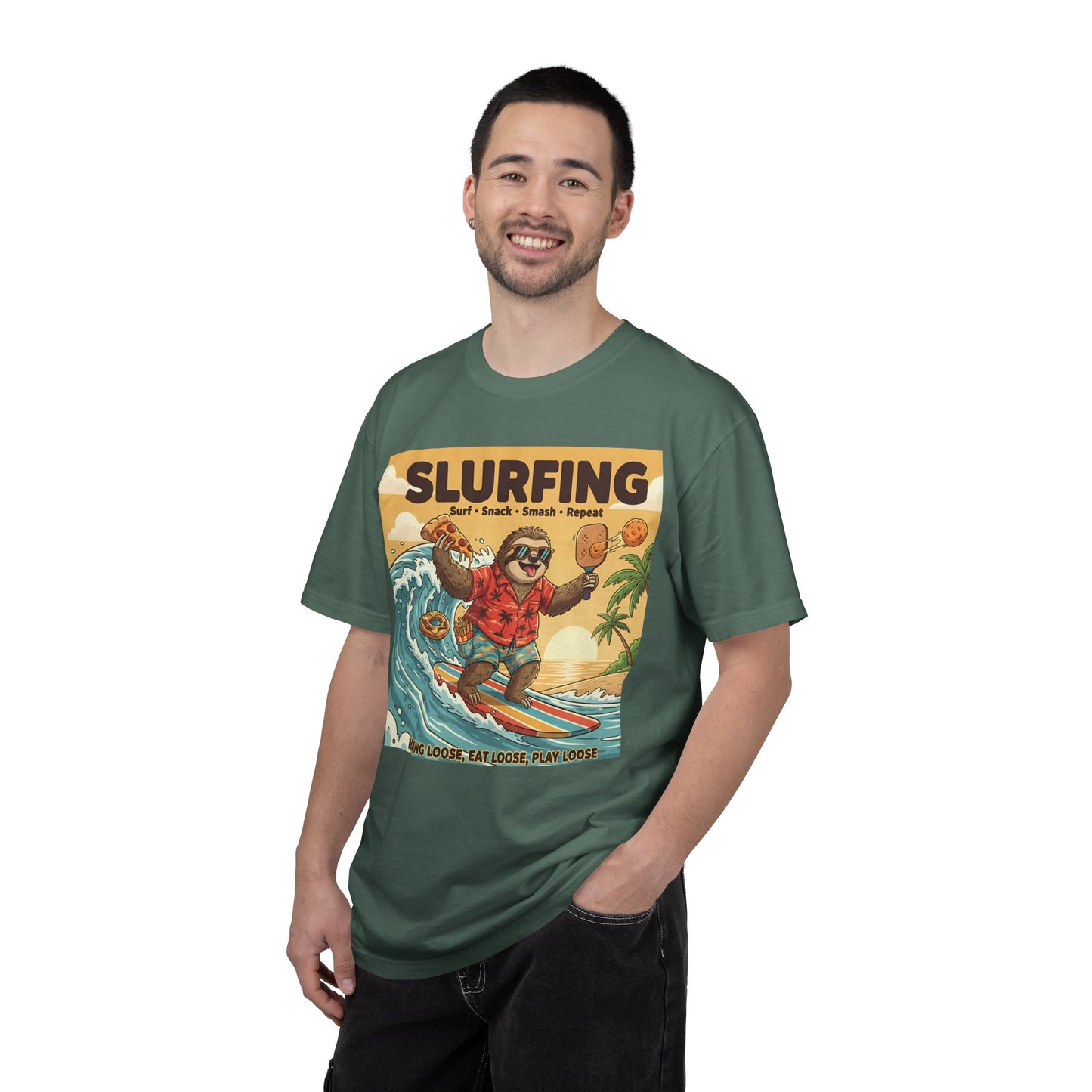 Slurfing Surfing Sloth T-Shirt | Retro Beach Wave Illustration