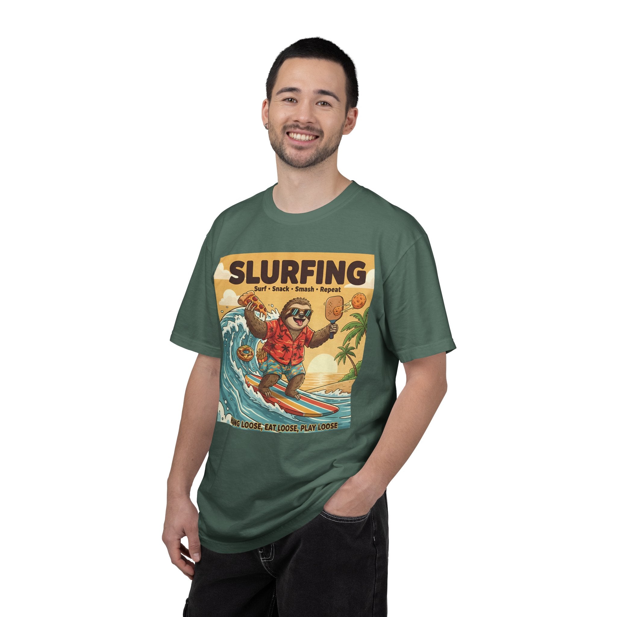 Slurfing Surfing Sloth T-Shirt | Retro Beach Wave Illustration