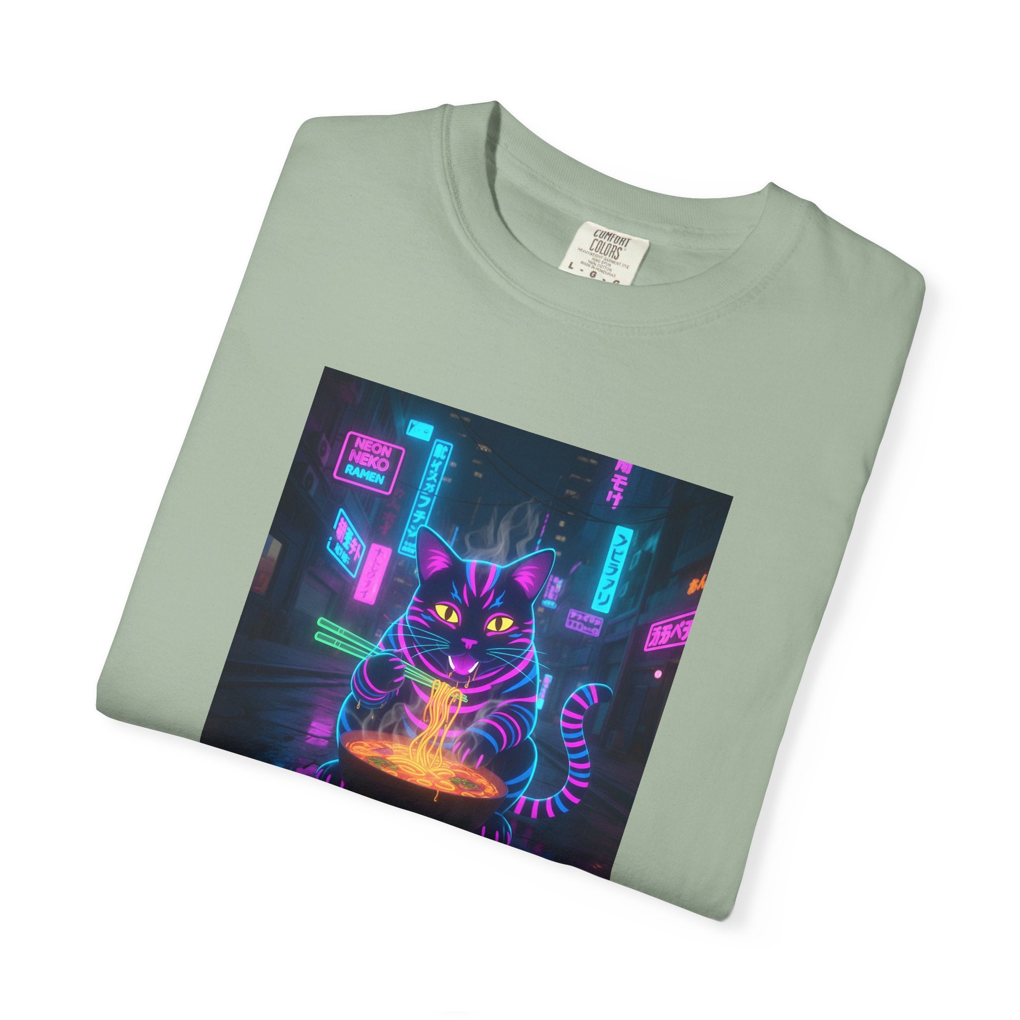 Neon Cyberpunk Cat Mystic Bowl T-shirt | Retro Futuristic Alley Art