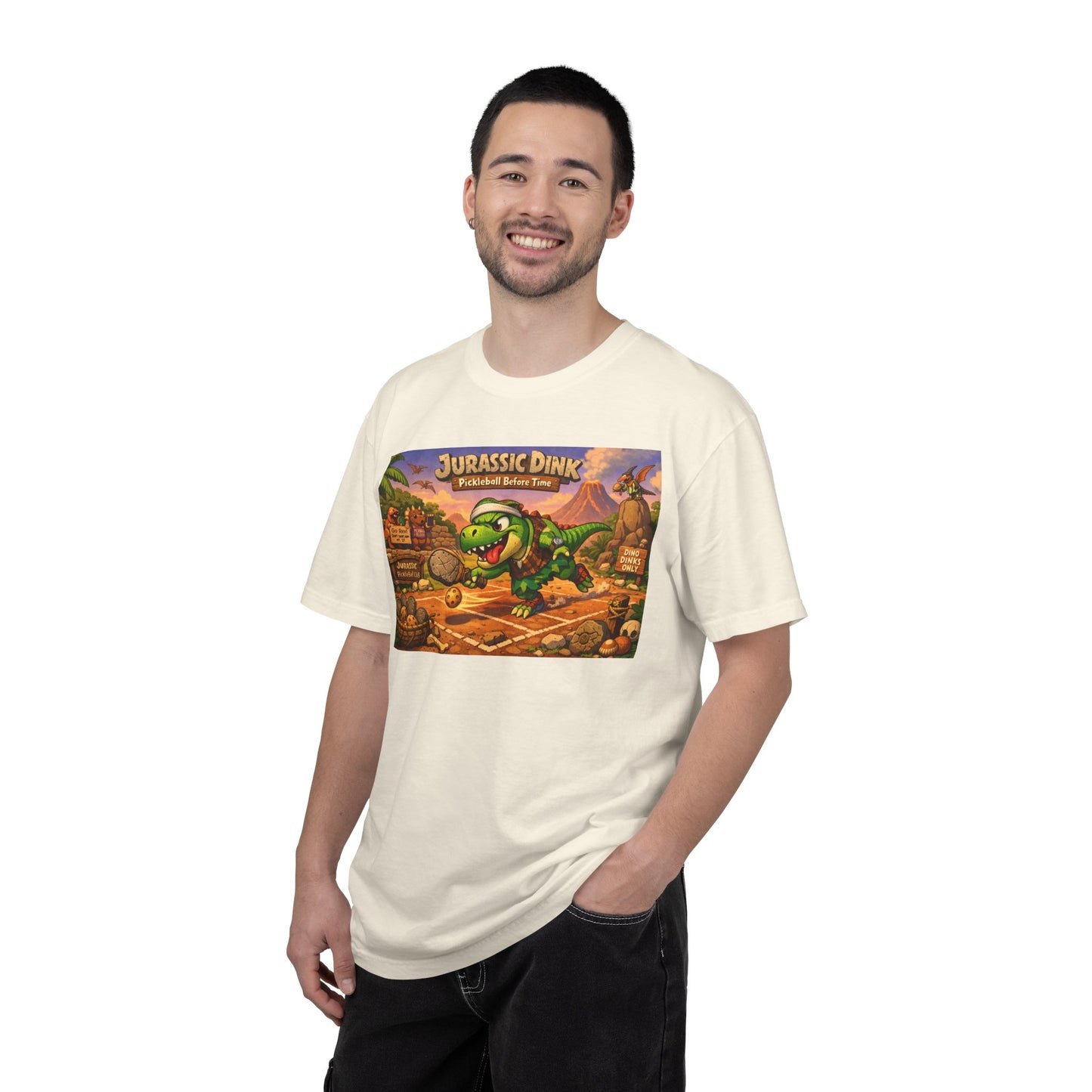 Jurassic Dink Pickleball Dinosaur Arcade Poster T-Shirt | Retro Video Game Shirt