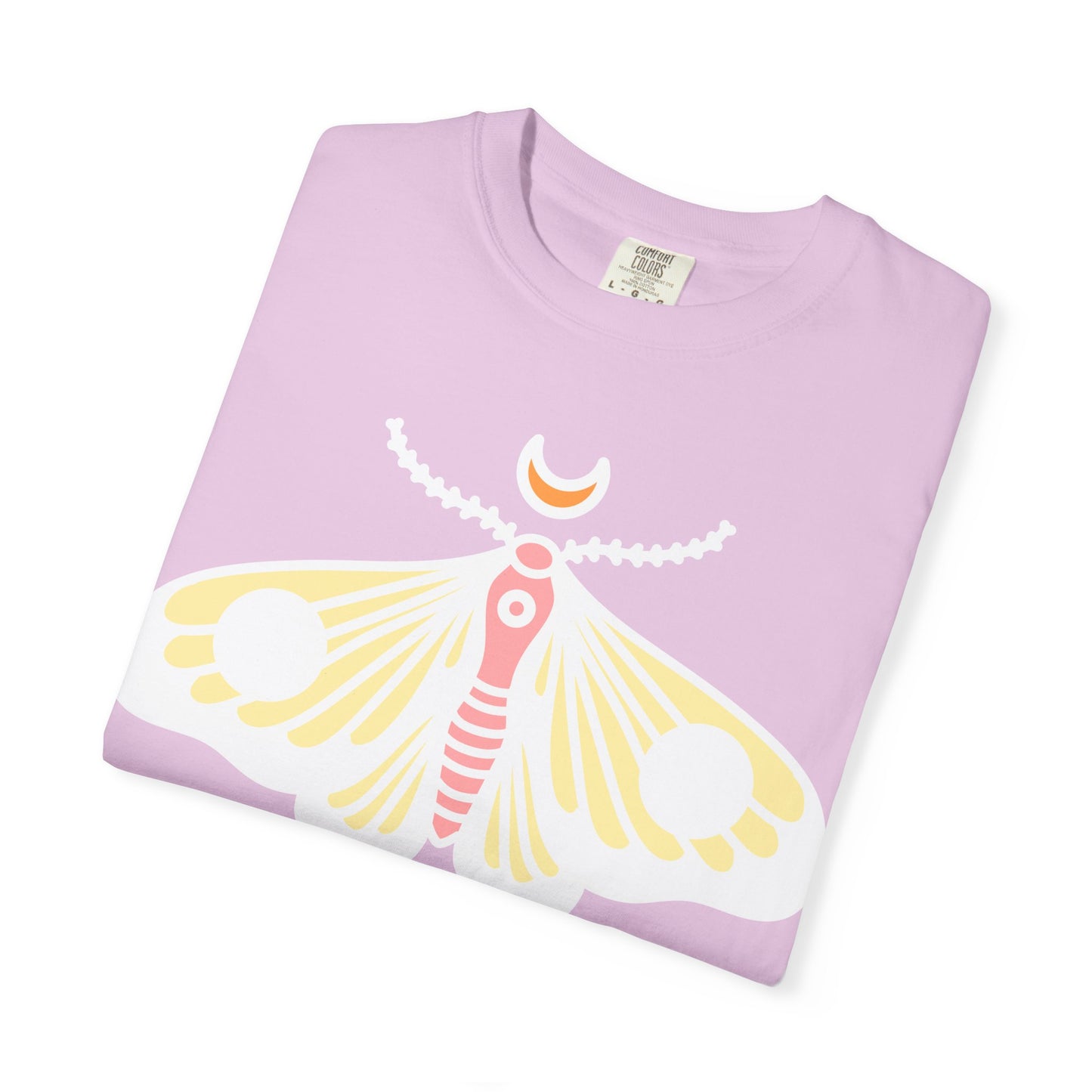 Celestial Moth T-shirt | Pink Yellow Moth with Crescent Moon