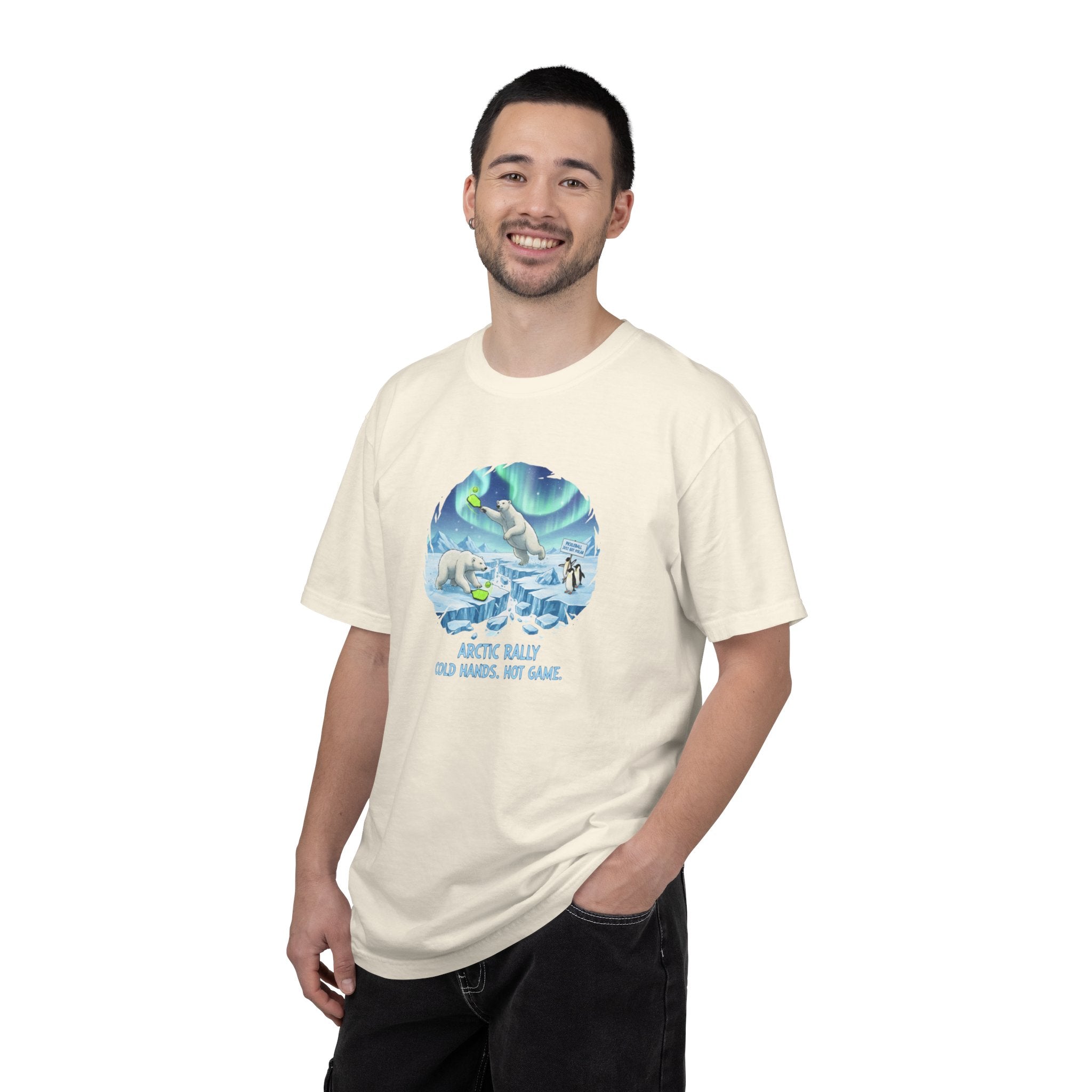 Arctic Rally Polar Bears Playing Pickleball T-Shirt | Northern Lights Illustration