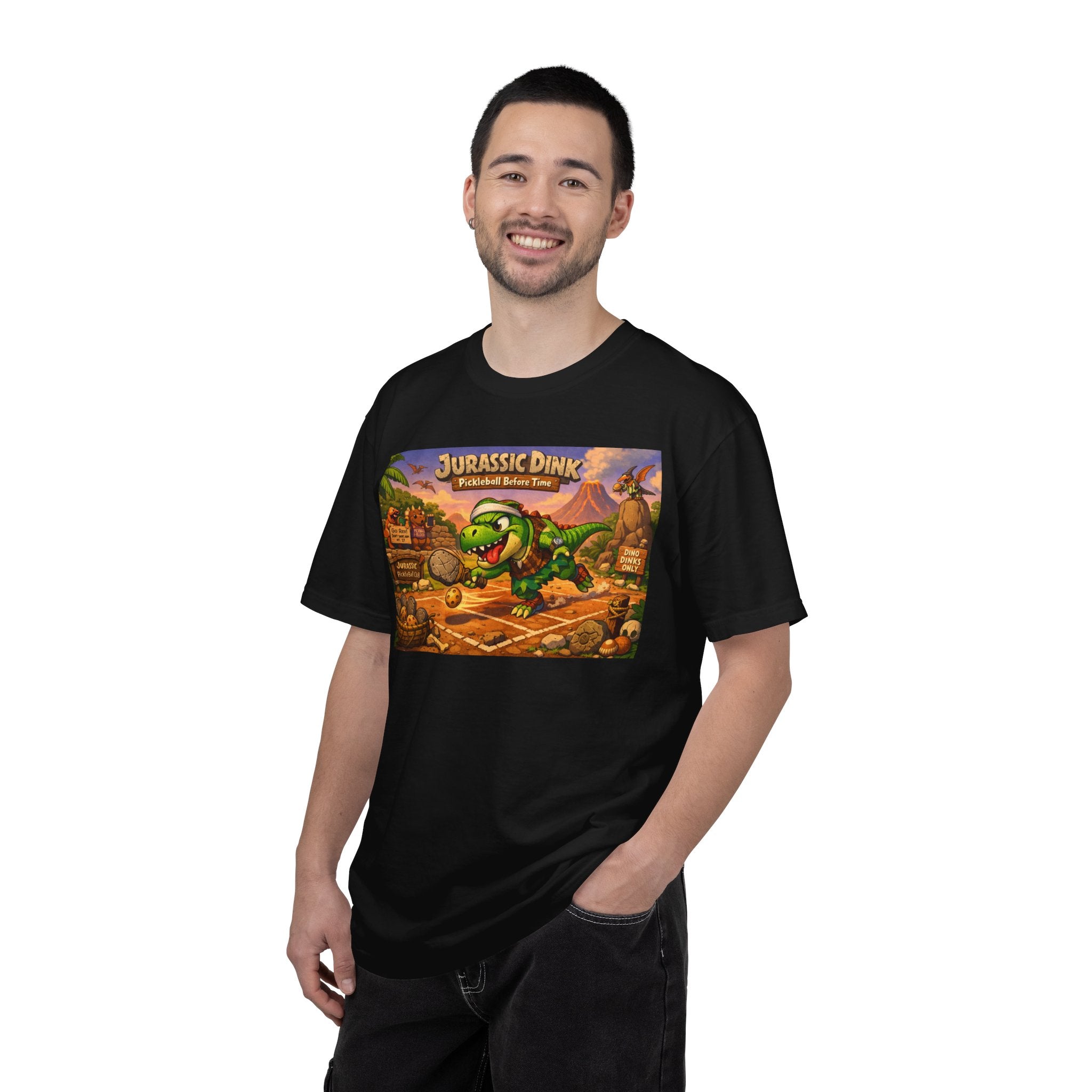 Jurassic Dink Pickleball Dinosaur Arcade Poster T-Shirt | Retro Video Game Shirt
