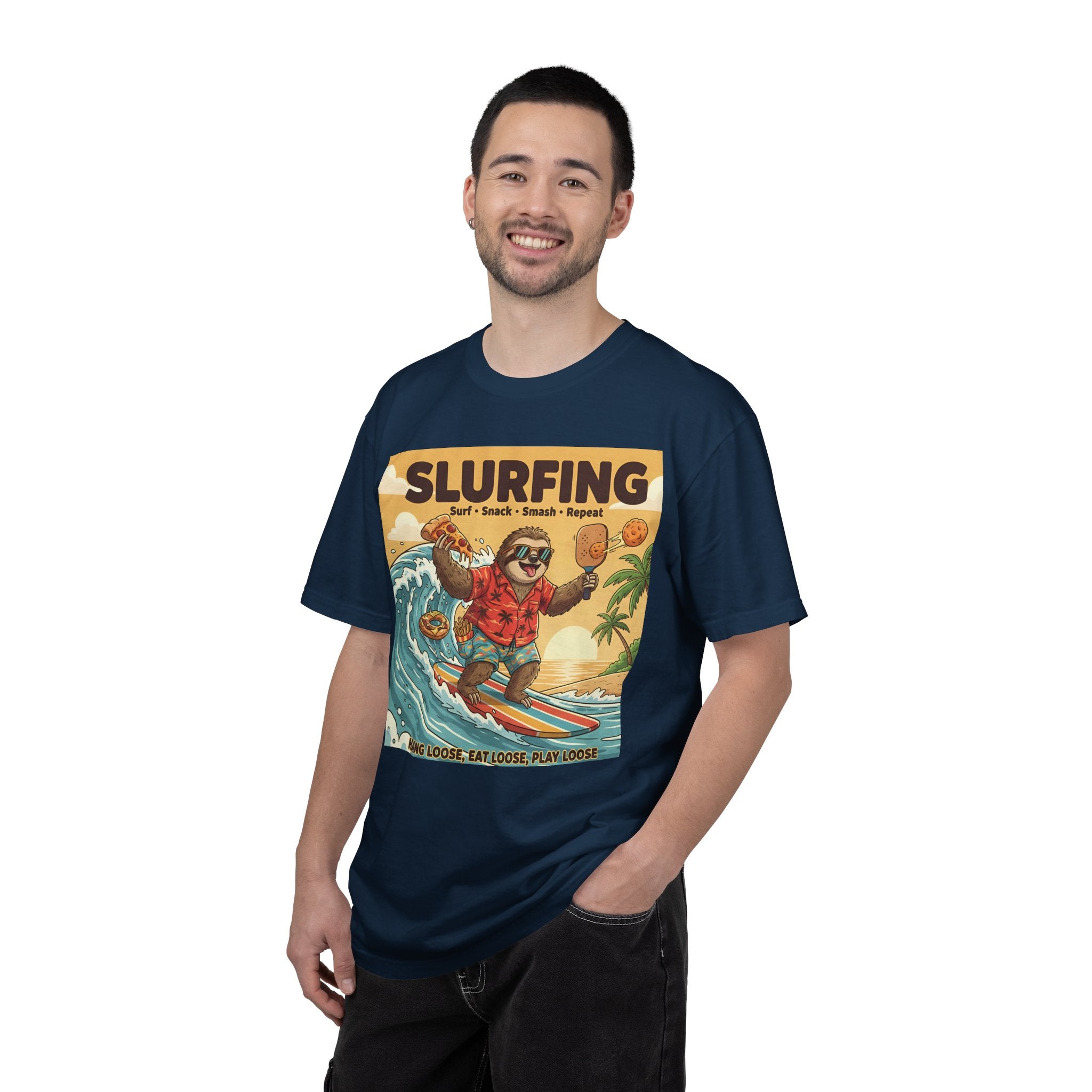 Slurfing Surfing Sloth T-Shirt | Retro Beach Wave Illustration