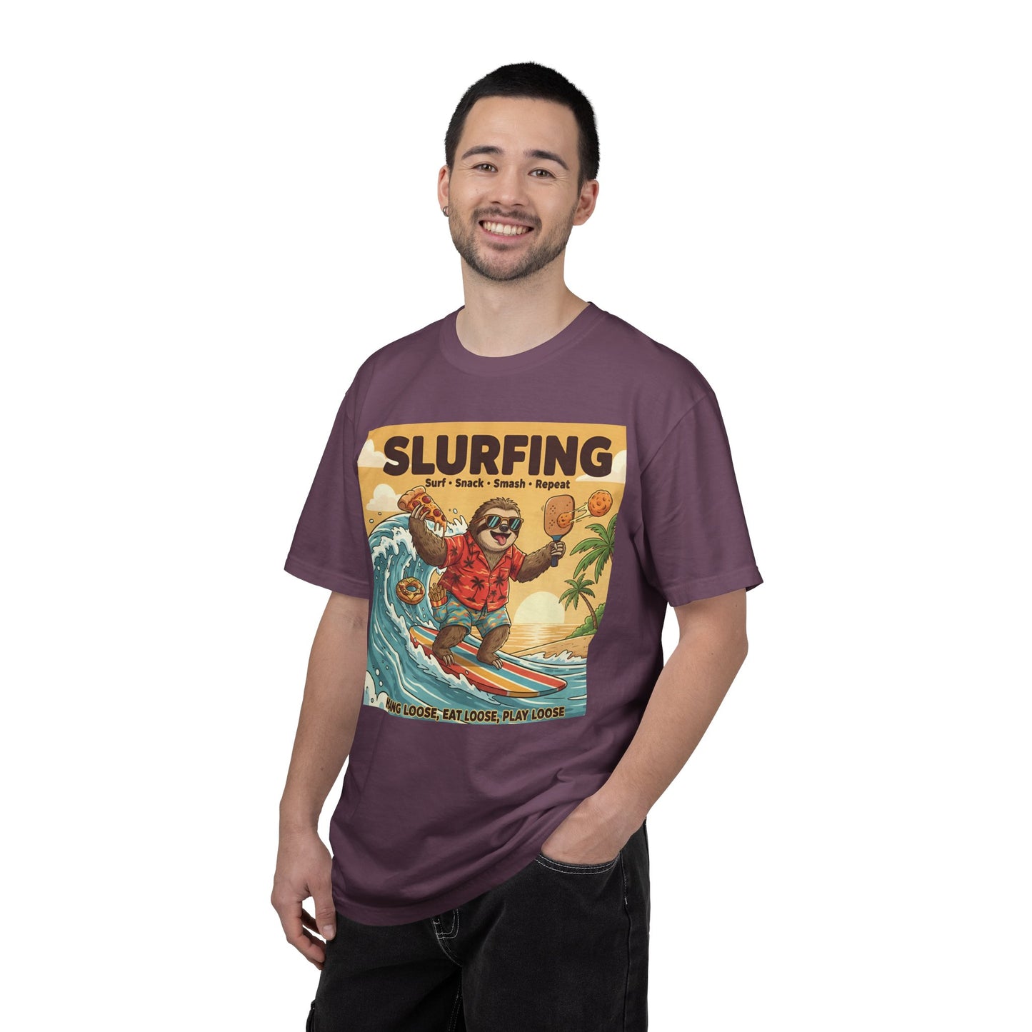 Slurfing Surfing Sloth T-Shirt | Retro Beach Wave Illustration