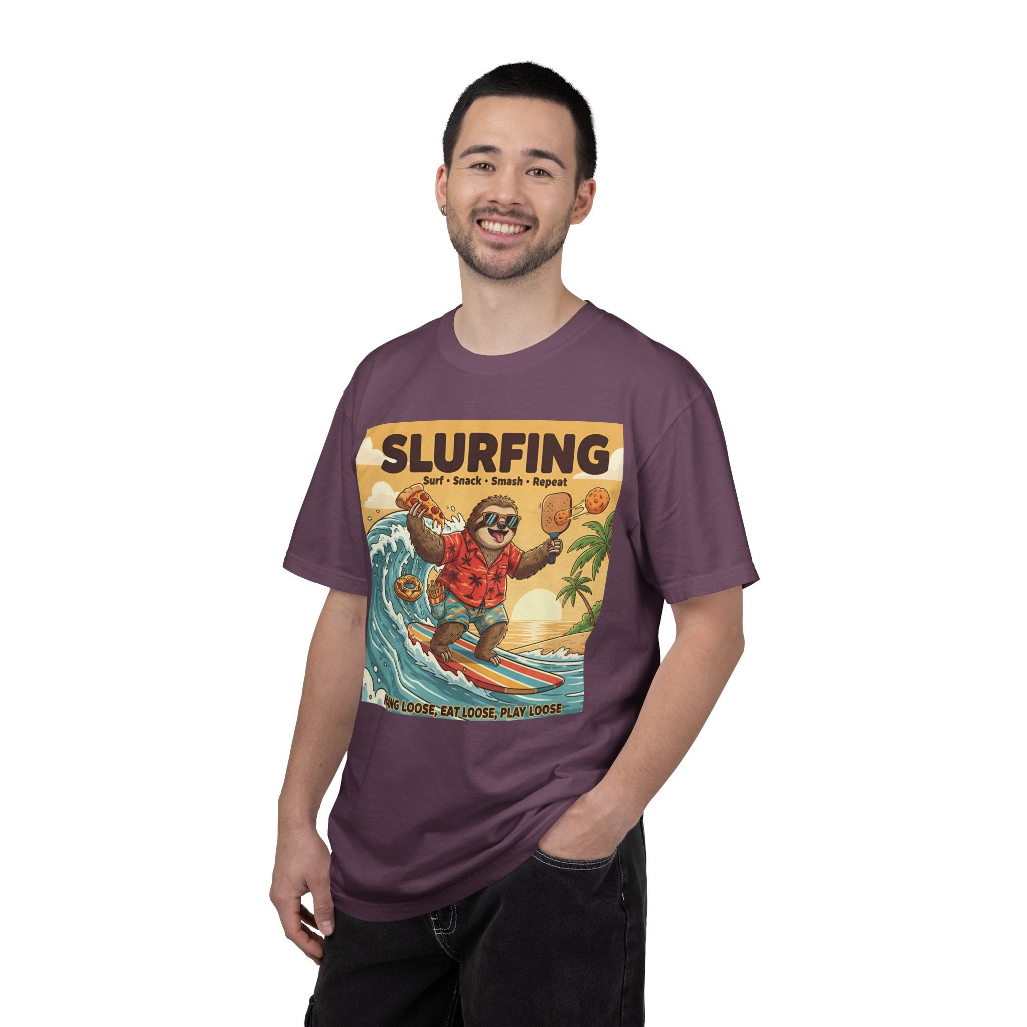 Slurfing Surfing Sloth T-Shirt | Retro Beach Wave Illustration