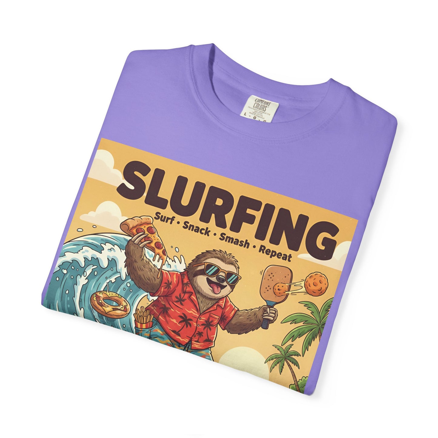 Slurfing Surfing Sloth T-Shirt | Retro Beach Wave Illustration