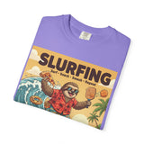 Slurfing Surfing Sloth T-Shirt | Retro Beach Wave Illustration