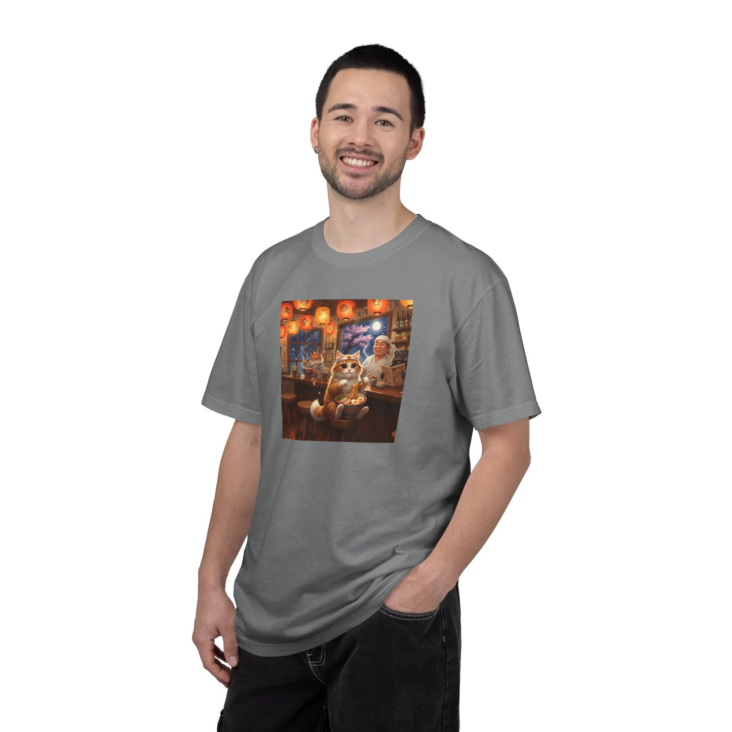 Whiskers and the Wondrous Noodles Cat Bar Ramen Scene T-shirt | Cozy Pub Cat Illustration