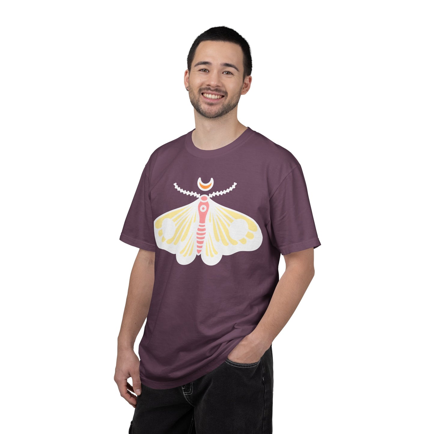 Celestial Moth T-shirt | Pink Yellow Moth with Crescent Moon