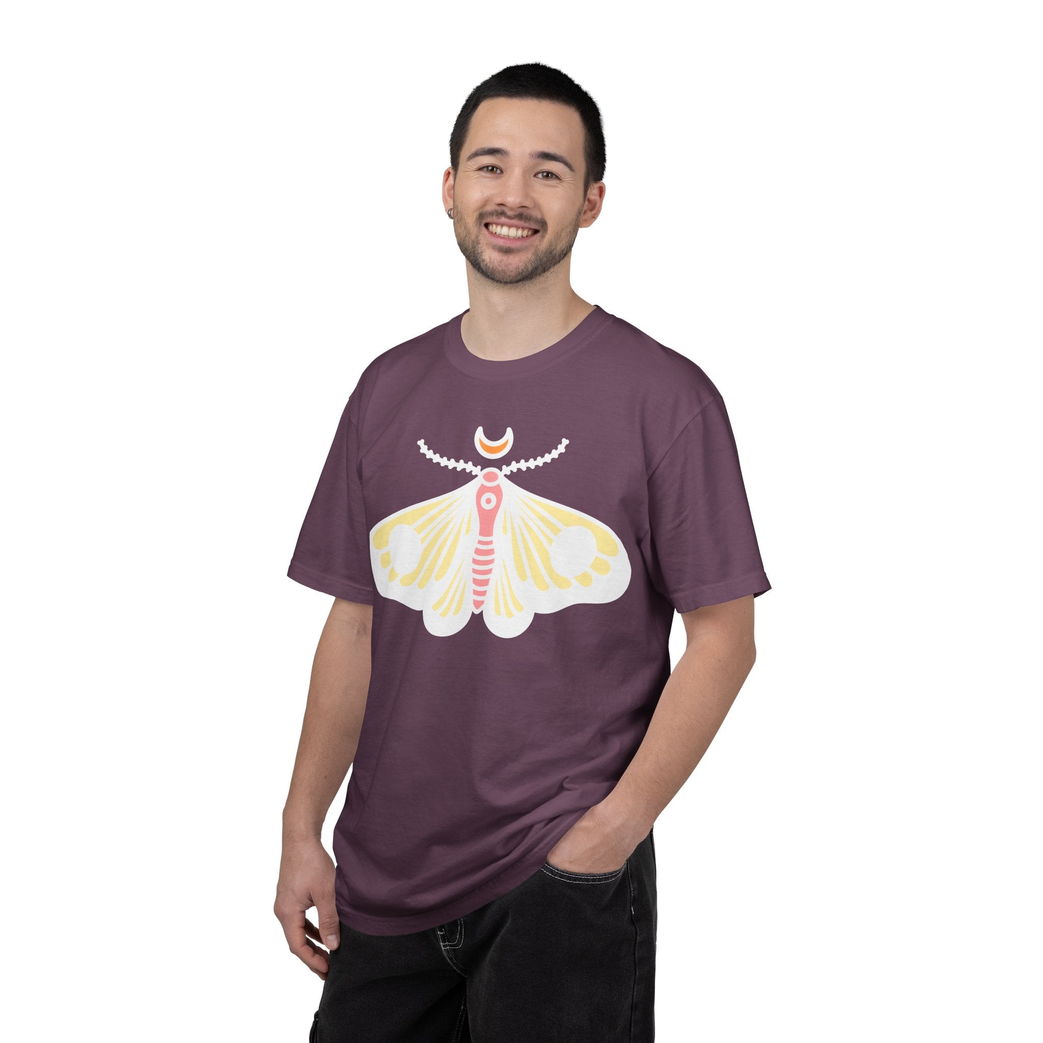 Celestial Moth T-shirt | Pink Yellow Moth with Crescent Moon
