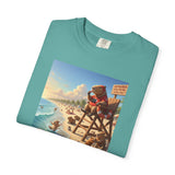 Lifeguard Capybara on Beach T-shirt | Surf Rescue Sunset Scene