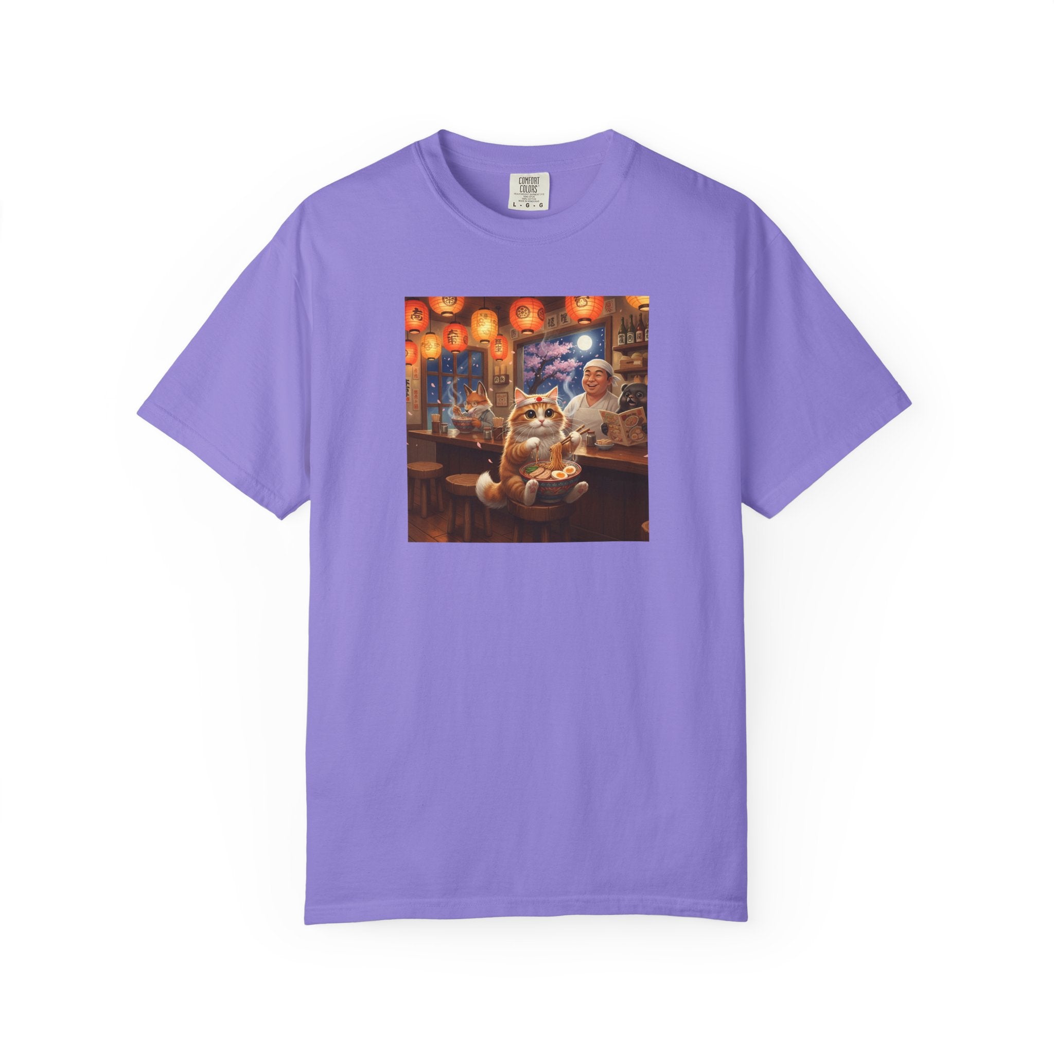 Whiskers and the Wondrous Noodles Cat Bar Ramen Scene T-shirt | Cozy Pub Cat Illustration